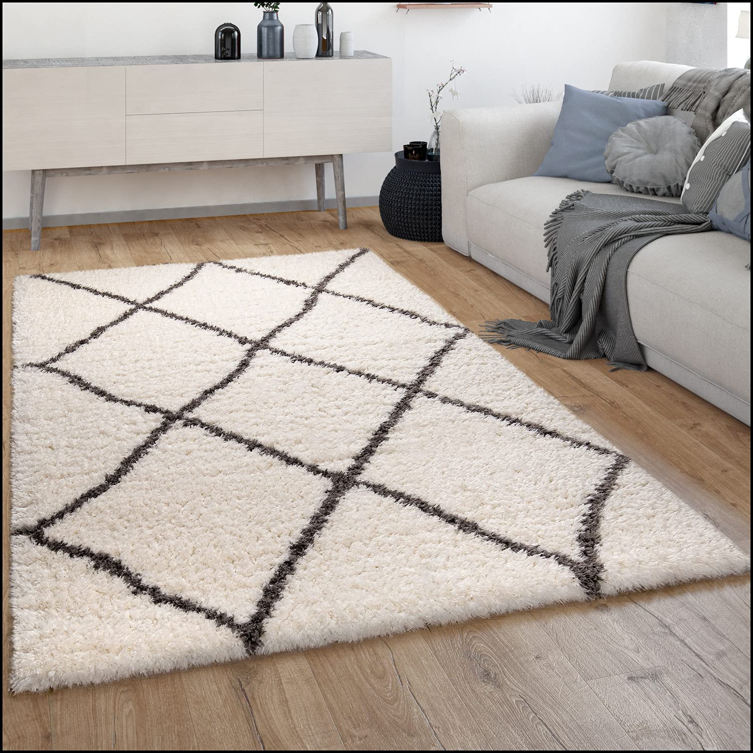 Paco Home Hochflor Teppich Wohnzimmer Shaggy Langflor Skandinavisches Rauten Muster Modern, Grösse:80x150 cm, Farbe:Creme 6