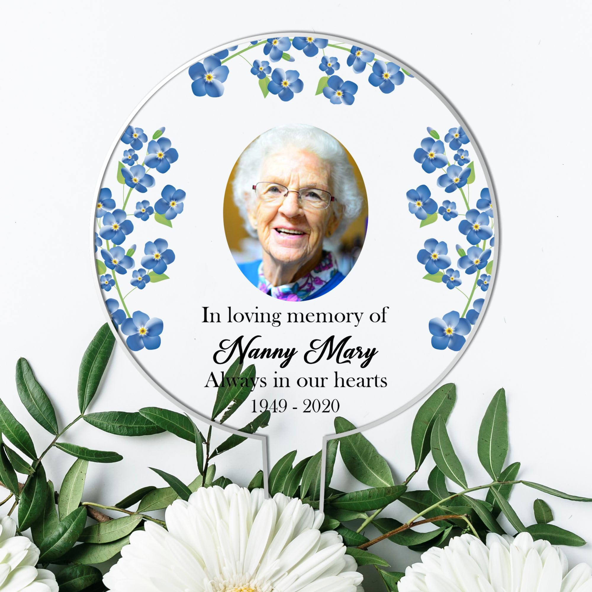 Personalised Memorial Acrylic Grave Stakes - Custom Plaque for Loved Ones Heartwarming Memorial Tribute for Ground Placement (Blue Flowers)
