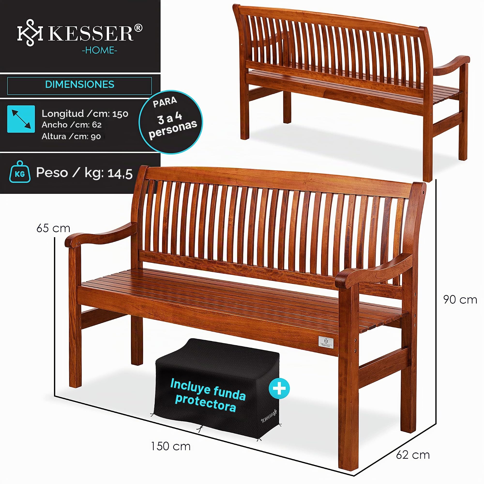 KESSER® Banco de jardín de madera resistente a la intemperie, 150 cm, banco de madera para jardín, 3 – 4 plazas, banco de exterior, banco de balcón de madera maciza, banco de parque, soporta 320 kg