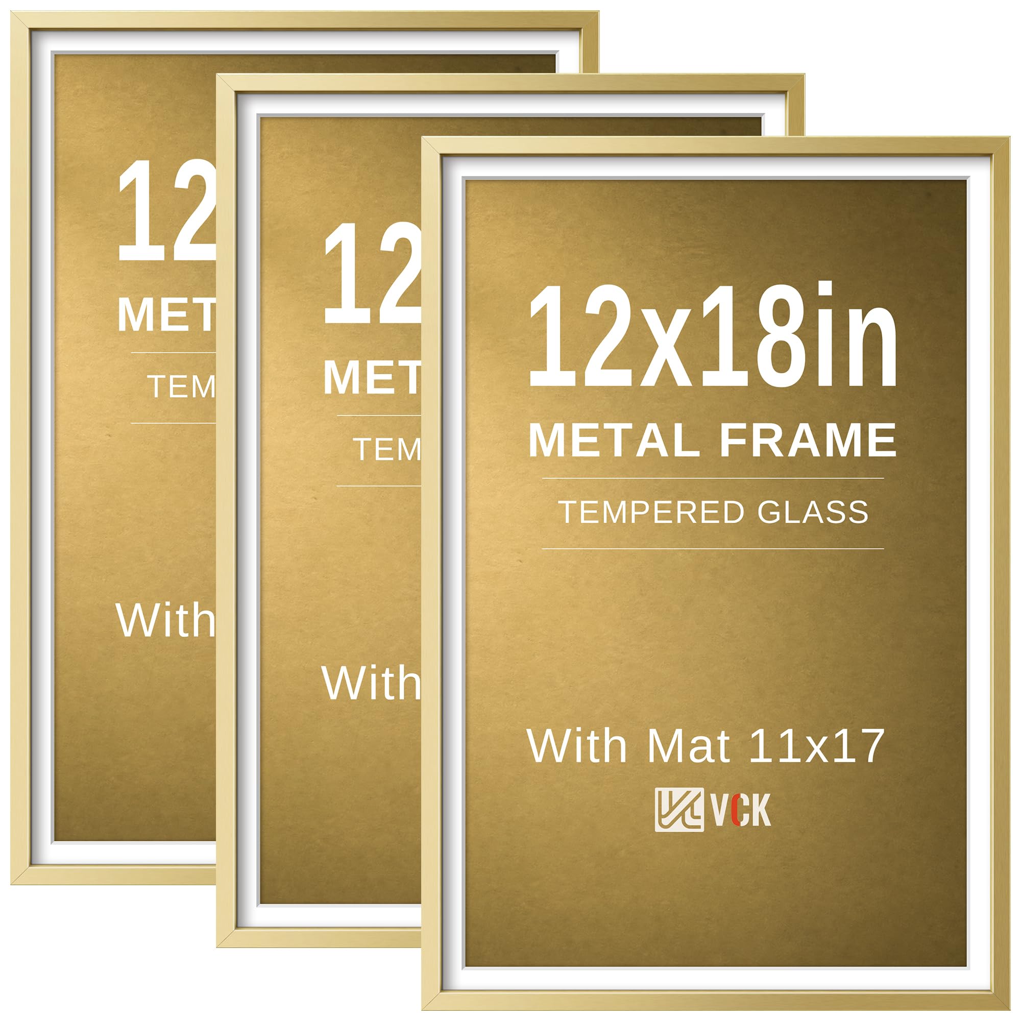 VCK 12x18 Frame Gold Metal, Real Glass, 11x17 Mat, 3 Pack, for Poster