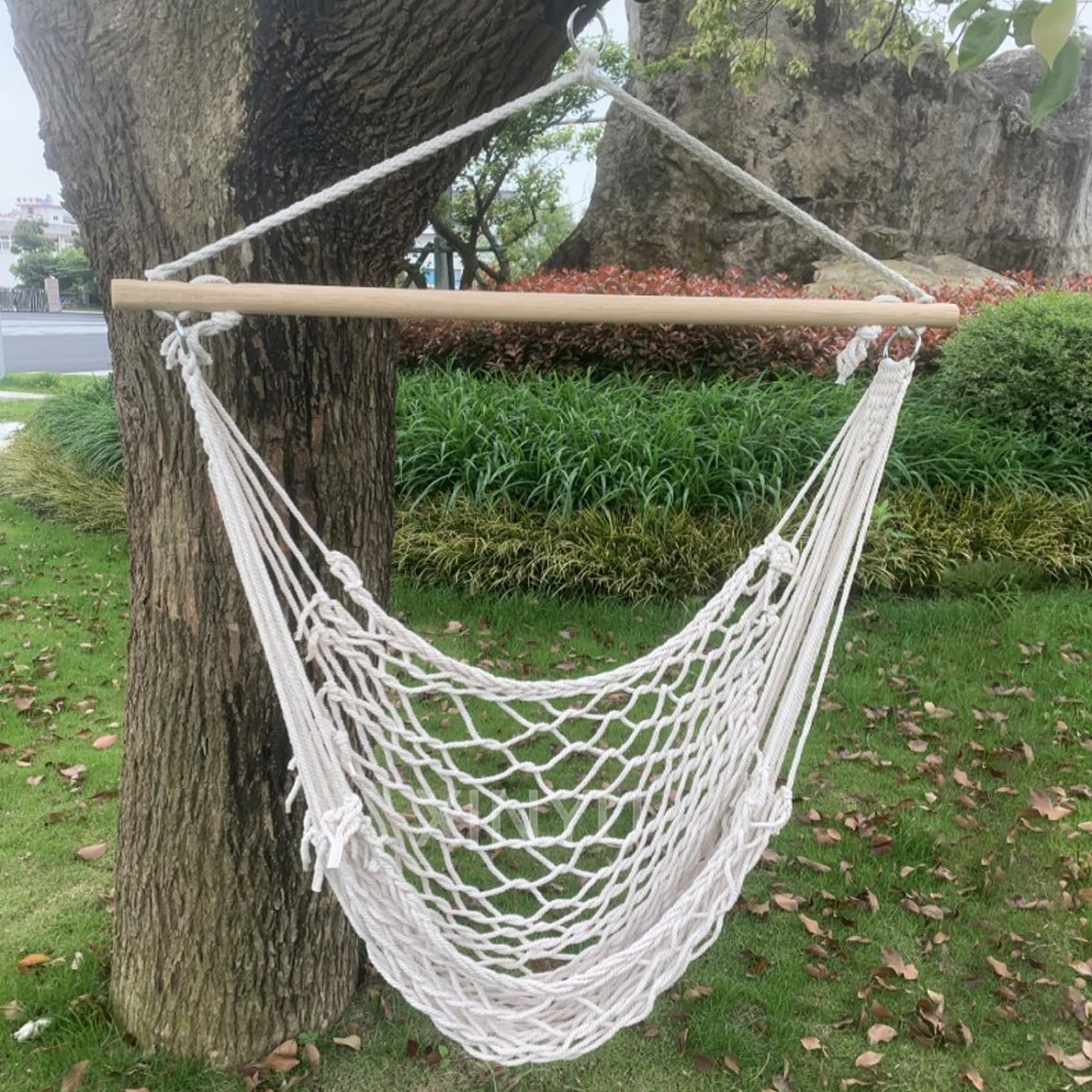 Sedia amaca con nappe, sedia a dondolo in corda di cotone beige per uso interno ed esterno, perfetta per camera da letto, patio, portico, giardino, cortile e spiaggia &1