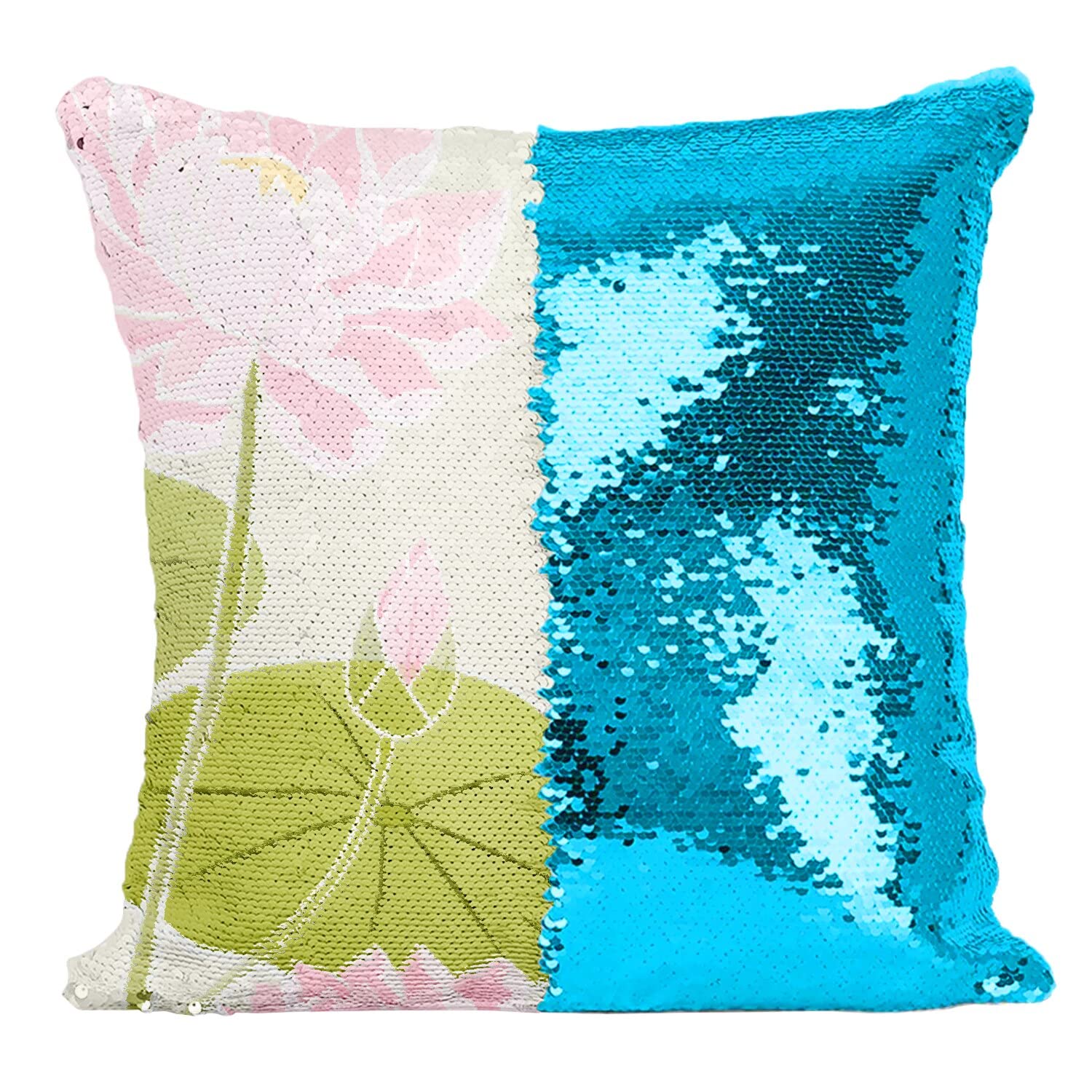 Coussin sequin paillettes turquoise avec illustration nénuphar design
