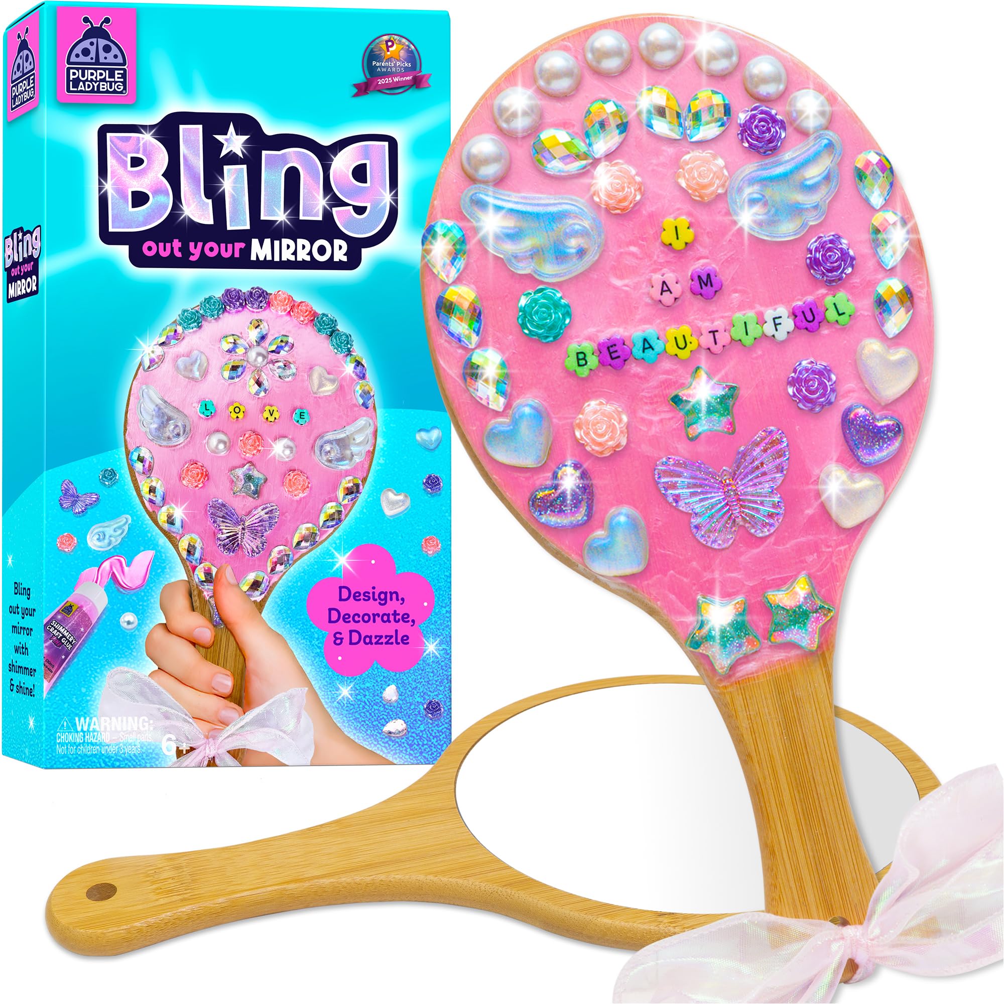 Bling Out Your Mirror Craft Kit for Girls - Decorate Your Own Craft Set with Wooden Handheld Mirror, Gems, & Beads, Girl Christmas & Birthday Gift for 5-12 Years Old, Fun Crafts for Girls Ages 4-12
