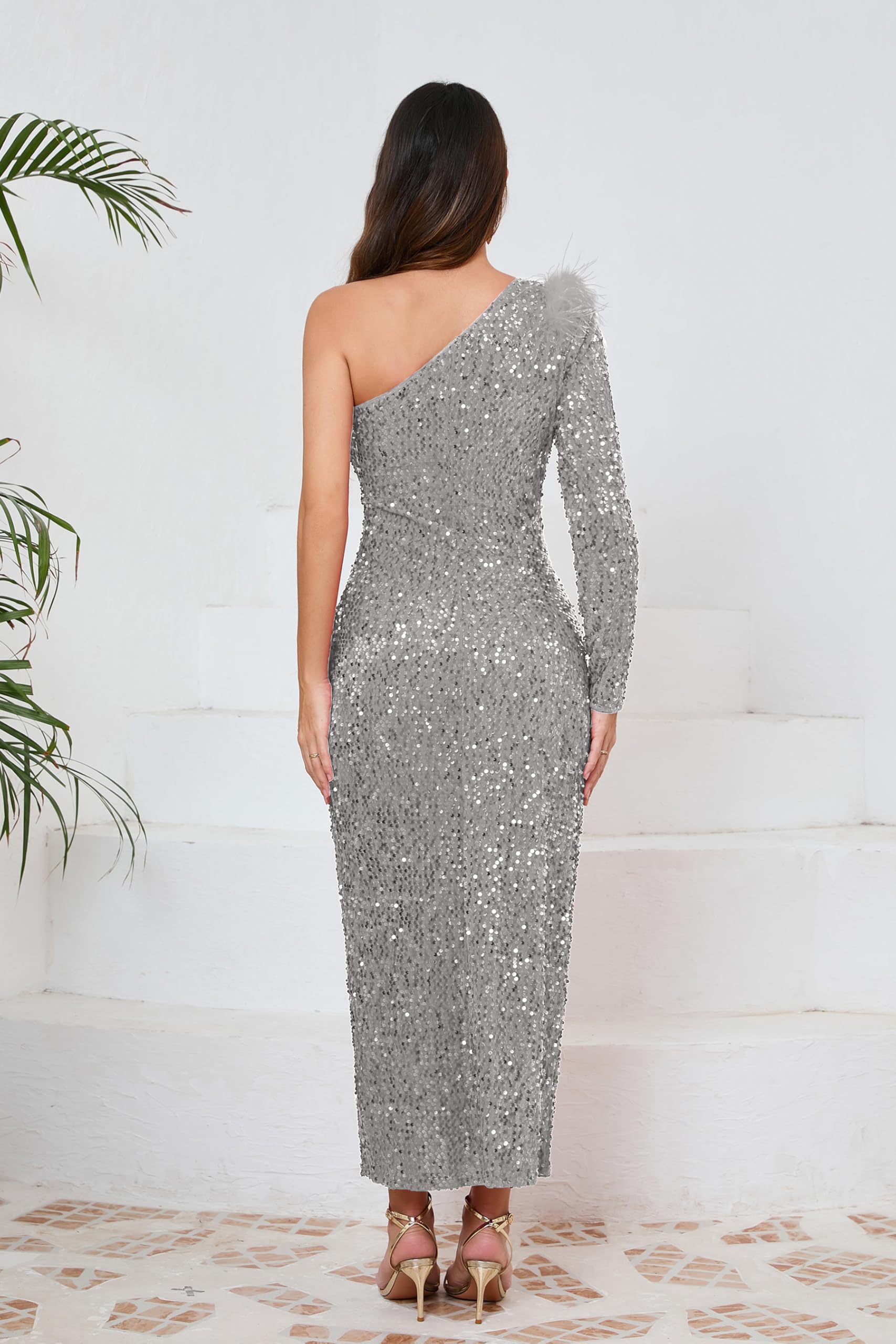 VERWIN Robe à paillettes asymétrique et col oblique pour femme - Robe de cocktail