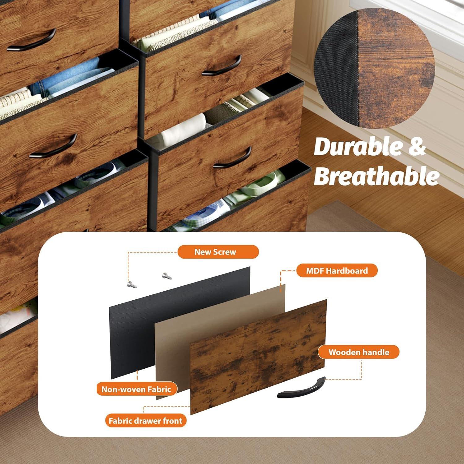 58.7" H Dresser for Bedroom with 12 Fabric Drawers & LED Lights, Anti-Tips Chest of Drawers with Open Shelves for Small Space, Living Room, Storage Organizer with Steel Frame, Wood Top, Rustic Brown - Image 7