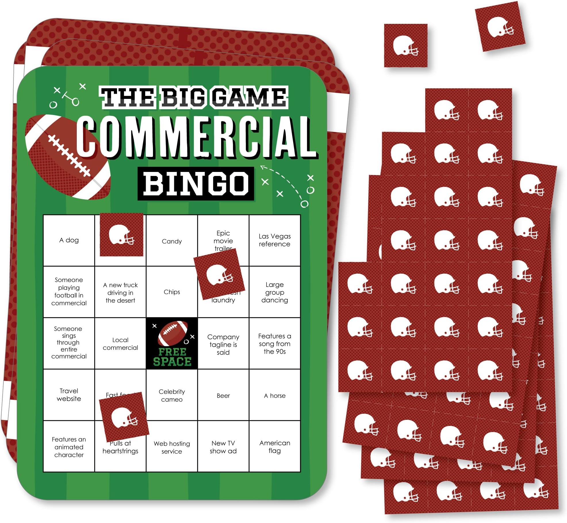 Big Dot of Happiness The Big Game - Commercial Bingo Cards and Markers - Football Party Shaped Bingo Game - Set of 18