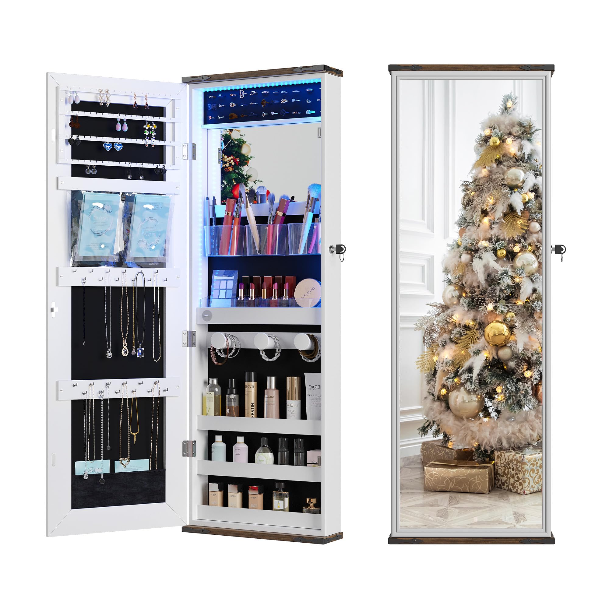 FREDEES Farmhouse Jewelry Organizer,Jewelry Armoire Cabinet with LED Lights Wall or Door Mounted, Full Length Mirror with Storage&Lockable,Interior