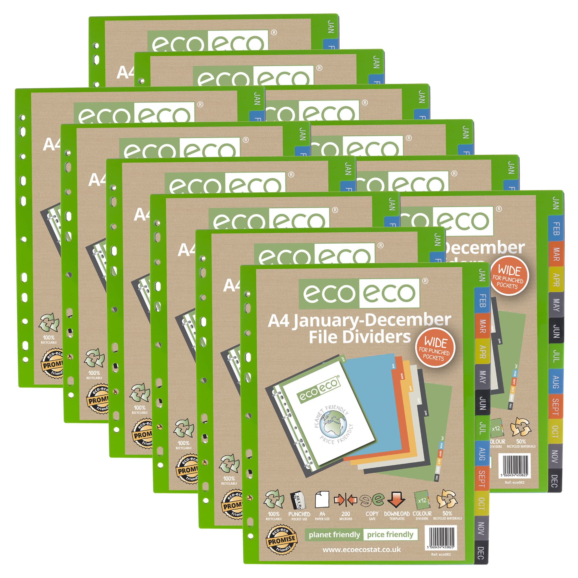 eco-eco eco082x12 - Separadores de archivos, tamaño A4, 50% reciclado, multiperforación, reforzado, color enero a diciembre, 200 mic, 12 unidades