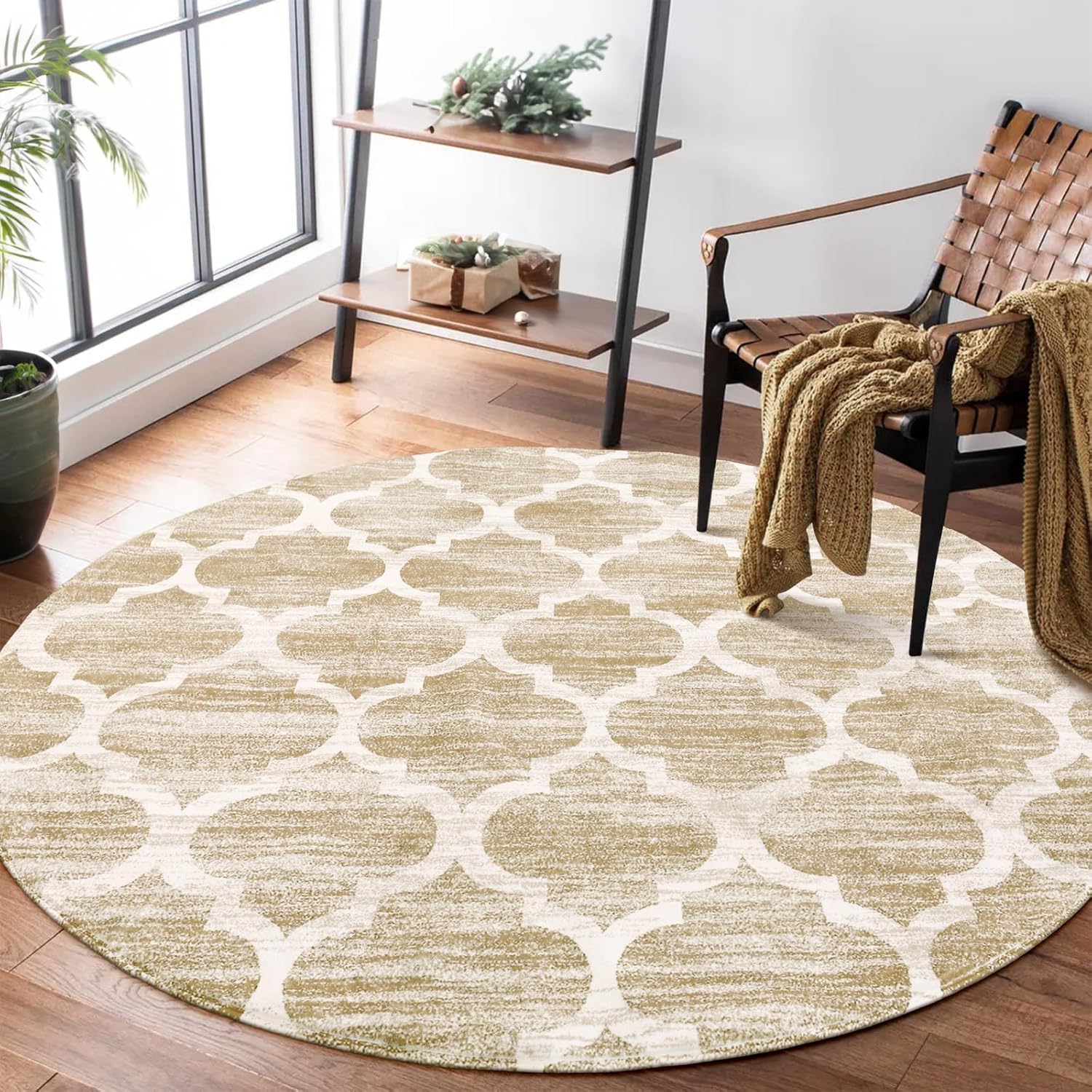 Lahome Moroccan Round Rugs - 4x4 Washable Non-Slip Small Round Area Rug Throw Soft Circle Rugs for Bedroom, Modern Print Indoor Round Carpet for Entryway Sofa Nursery Living Room (Taupe, 4Ft