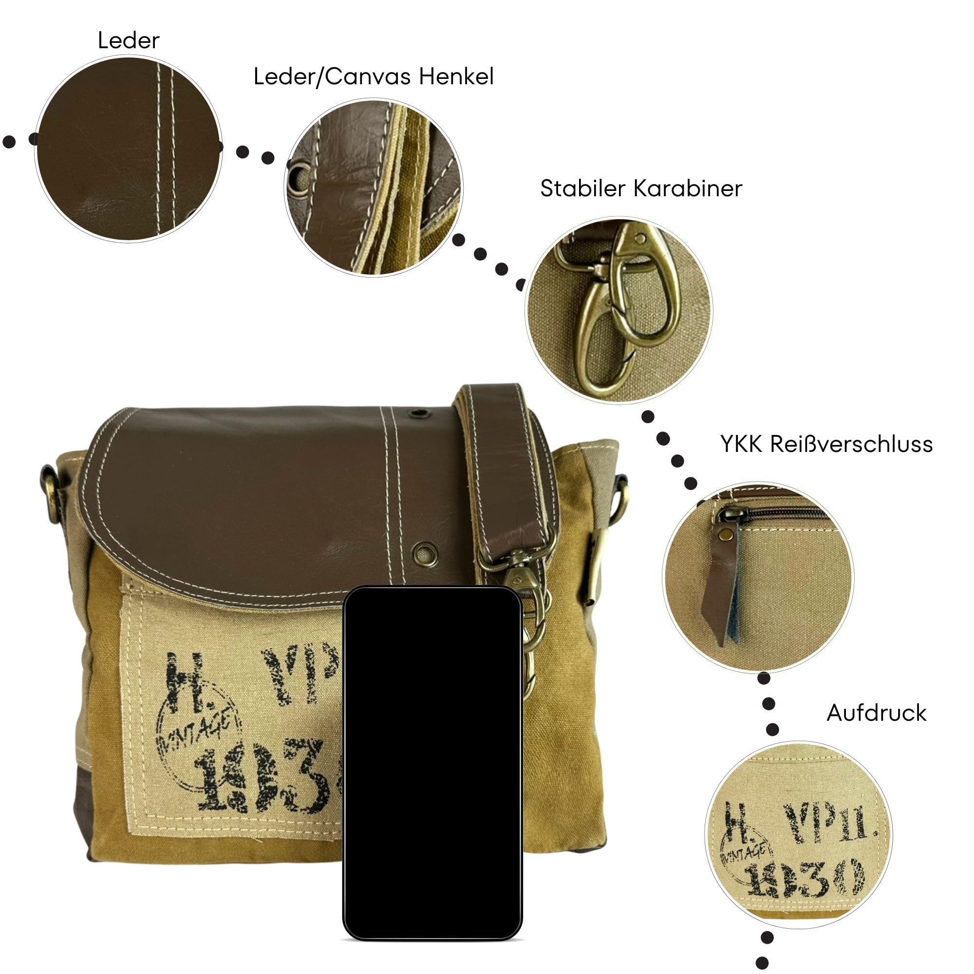 Sunsa Vintage Umhängetasche kleine Messengertasche aus Canvas & Leder braun