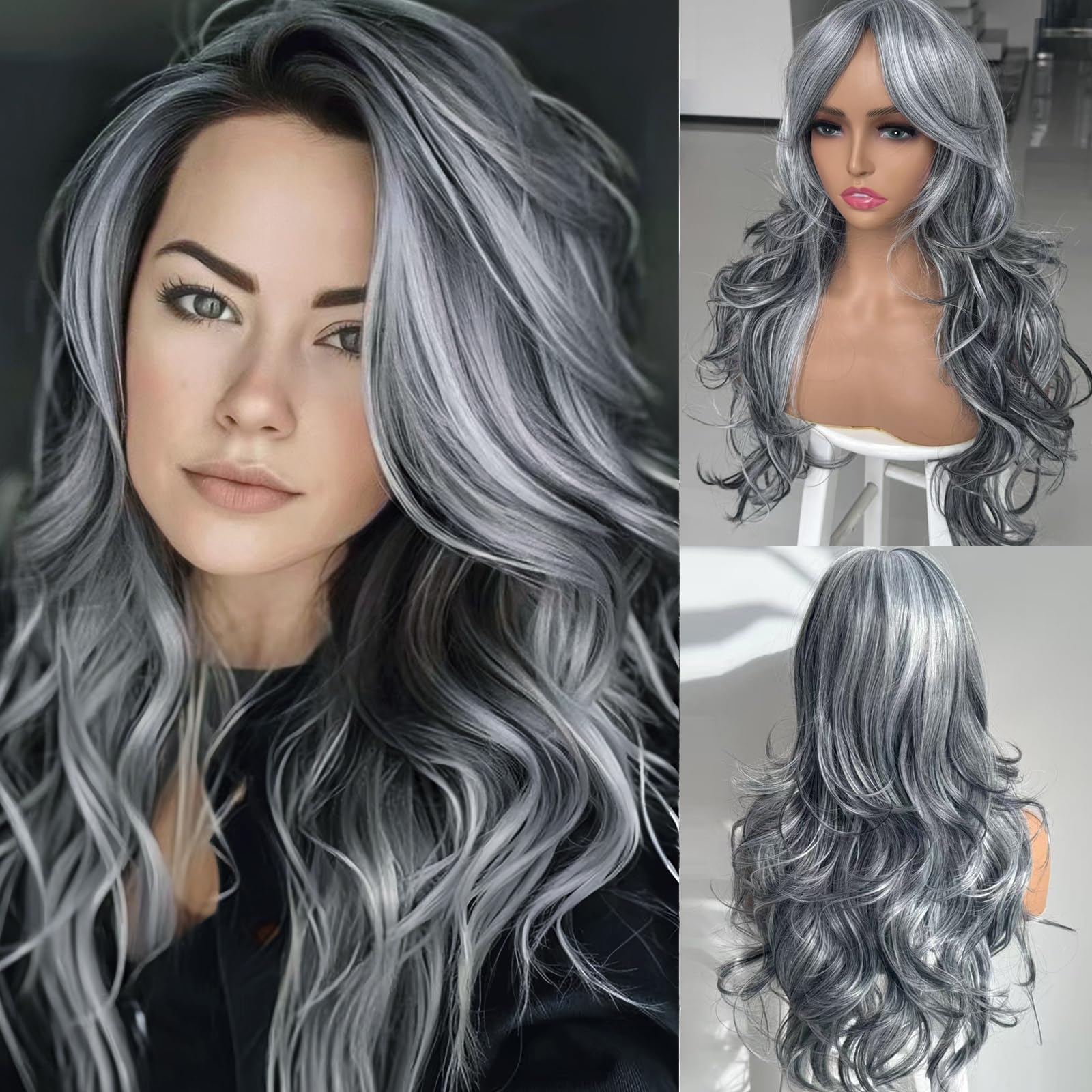 Aisaide Long Wavy Gray Layered Wig with Curtain Bangs for Women Synthetic Highlight Grey Layered Wavy Shaggy Gray Wigs for Women 24inch (Sliver Grey)