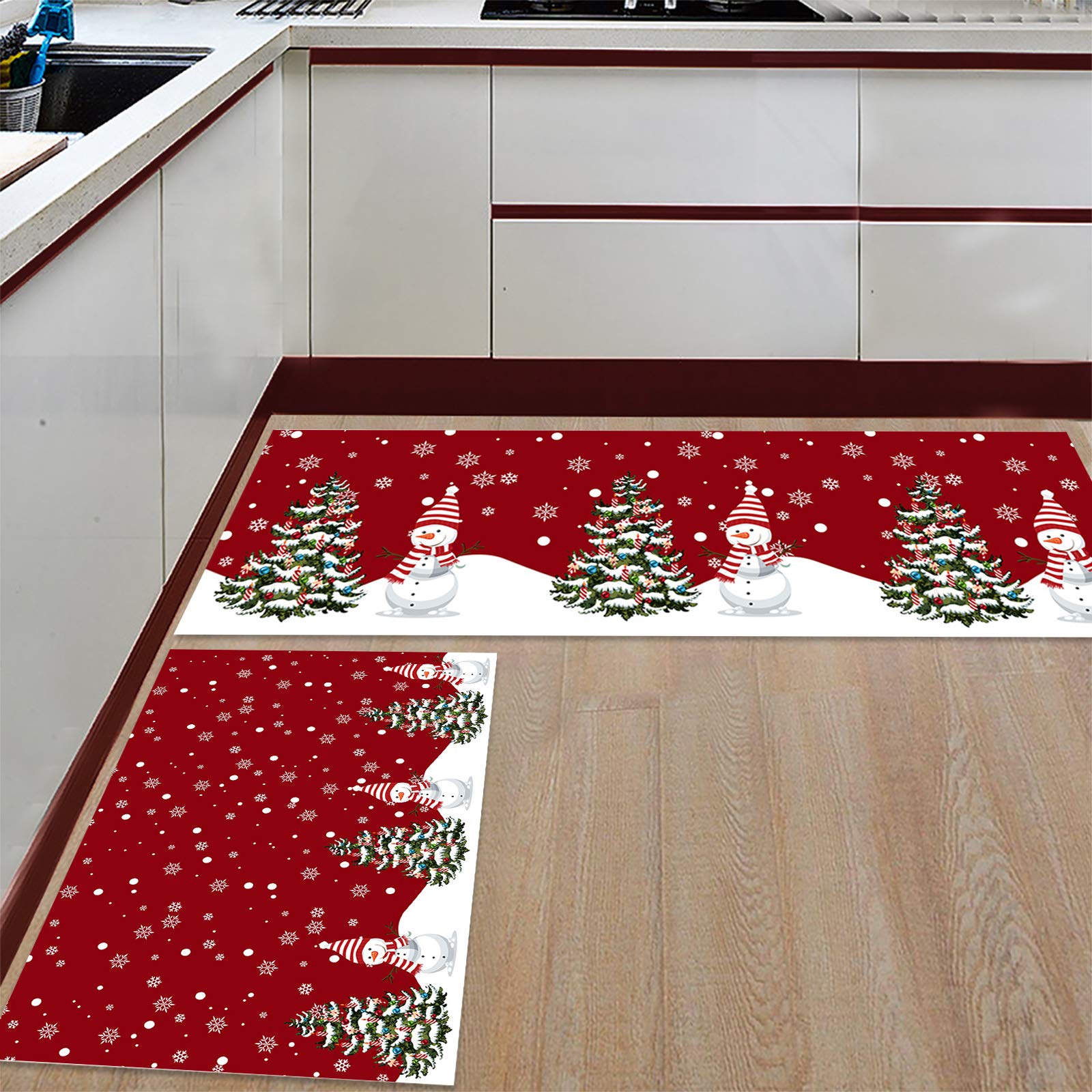 Christmas Kitchen Rugs and Mats Water Absorbent Non Skid Carpet for Kitchen, Living Room, Laundry, Sink, and Office, Soft Rug Red Christmas Tree Santa Snowman and Snowflake 15.7x23.6+15.7x47.2
