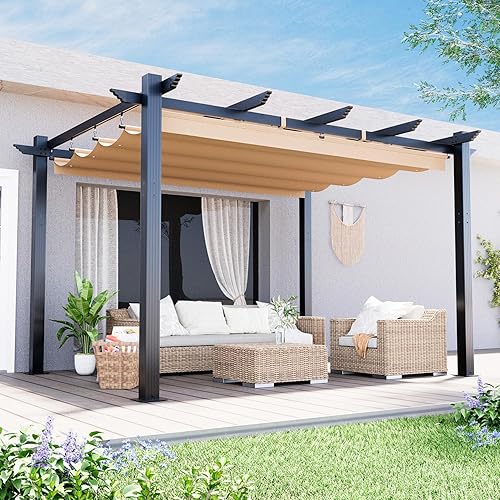 Miniatura 8 de MELLCOM Pérgola para exteriores de 10 x 10 pies, refugio independiente de metal con parasoles laterales ajustables, toldo para patios, patio Beige
