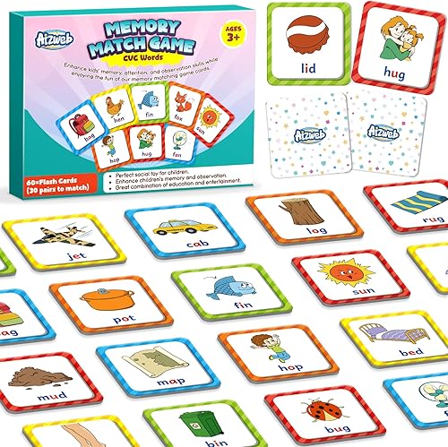 CVC Juego de palabras a juego, juego de memoria, 60 piezas de juegos de cartas para niños de 3 4 5 6 años, juegos de fonética, tarjetas flash para