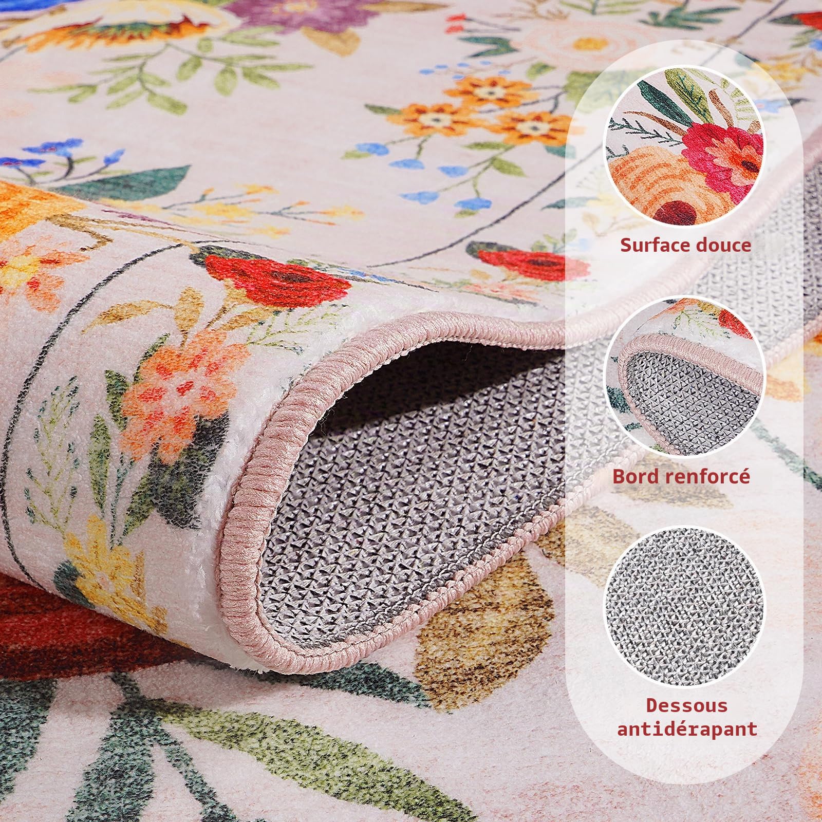Tapis Rond 120cm Lavable Machine, Moquette Antidérapante Poil Bas Style Boho, Motif Floral Oriental Doux pour Salon, Chambre, Cuisine, Nursery, Bureau