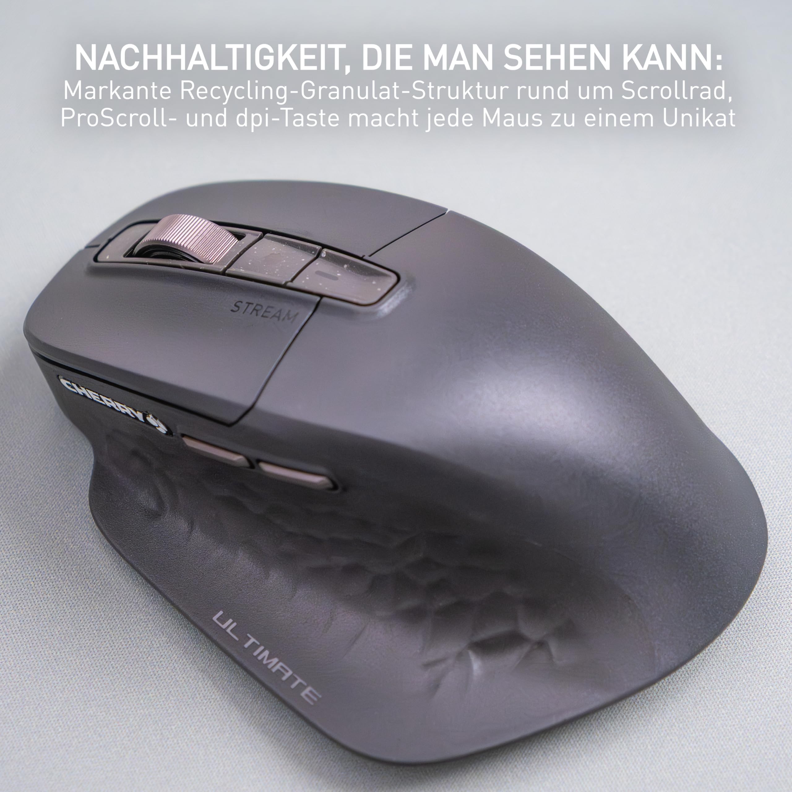 CHERRY Stream Mouse Ultimate, Kabellose Ergonomische Maus, Schwarz | Rechtshändermaus, Multi-Device-Funktion für 4 Geräte, Bluetooth, 2,4 GHz & Kabel, Anpassbares Scrollrad, Wiederaufladbar
