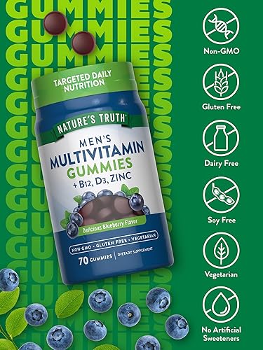 Miniatura 3 de Nature's Truth Gomitas multivitamínicas para hombres, 70 unidades, sabor a arándanos, con B12, D3 y zinc, suplemento vegetariano, sin OMG y sin