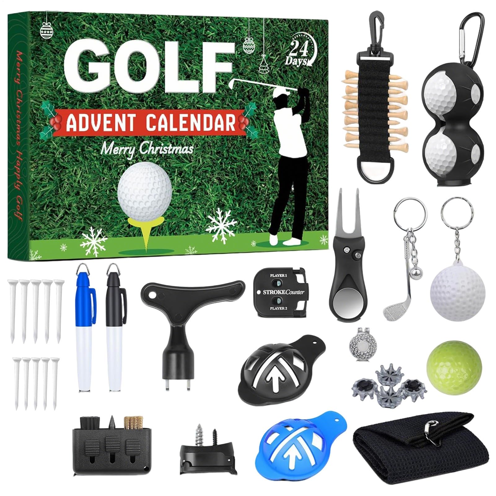 Calendario d-ell'avvento di golf di Natale 2025, set di accessor- per le scatole da 24 pezzi Design a tema da golf, calendario d-ell'avvento di Natale per golfisti, decorazione del calendari-o