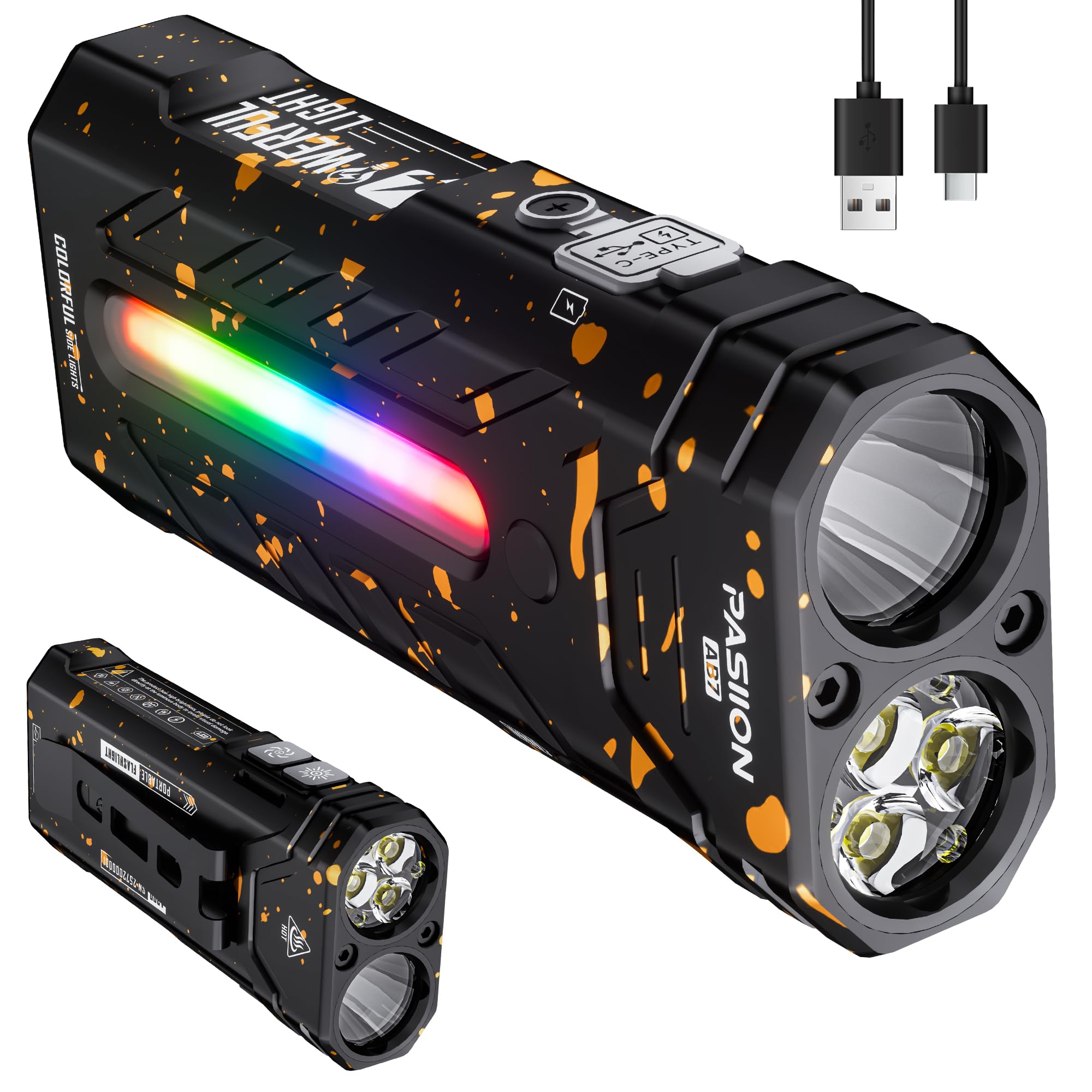 EDC Rechargeable Flashlight 3250 Lumens with RGB Light,55 Modes Multifunctional Flat Flashlight with Floodlight,Spotlight and Magnetic Base,Waterproof USB C Flashlight for Camping,Home,Emergencies
