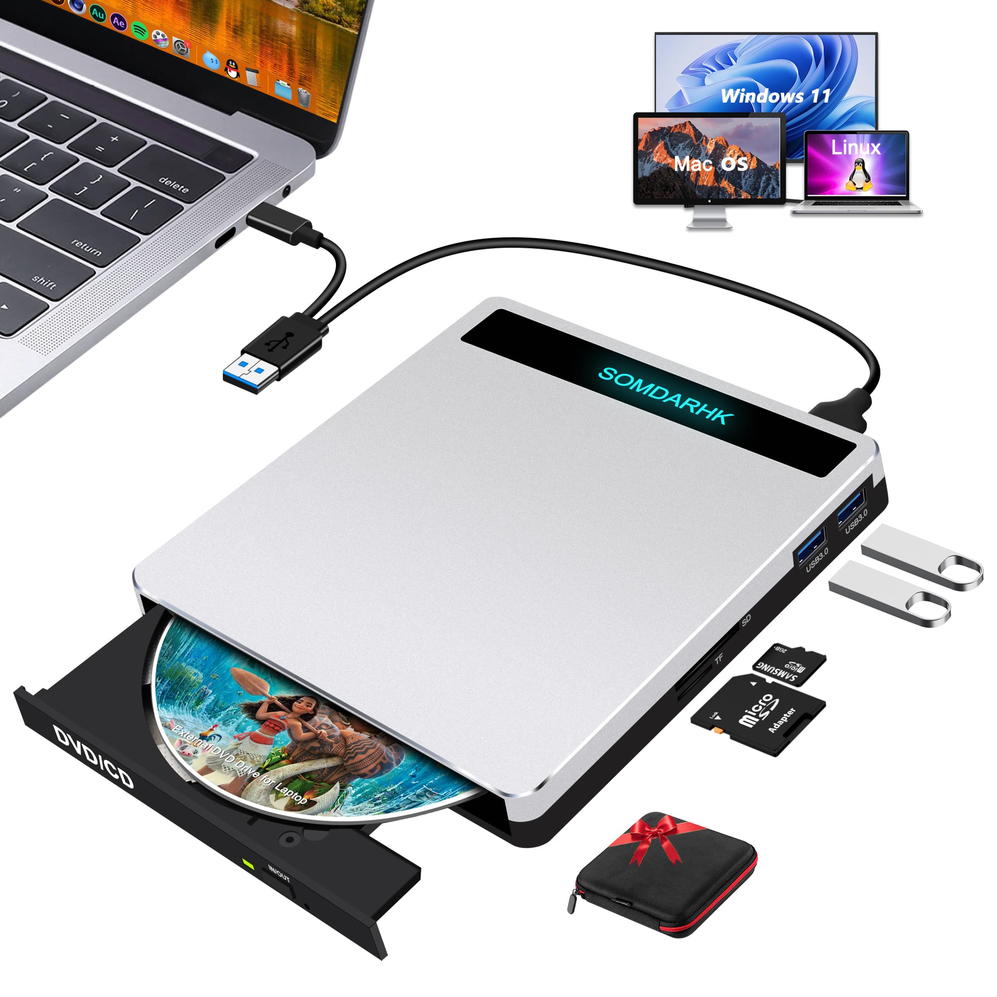 DVD　10×2 8.7 SOMDARHK External DVD Drive for Laptop: USB 3.0 Type-C Slim CD/DVD