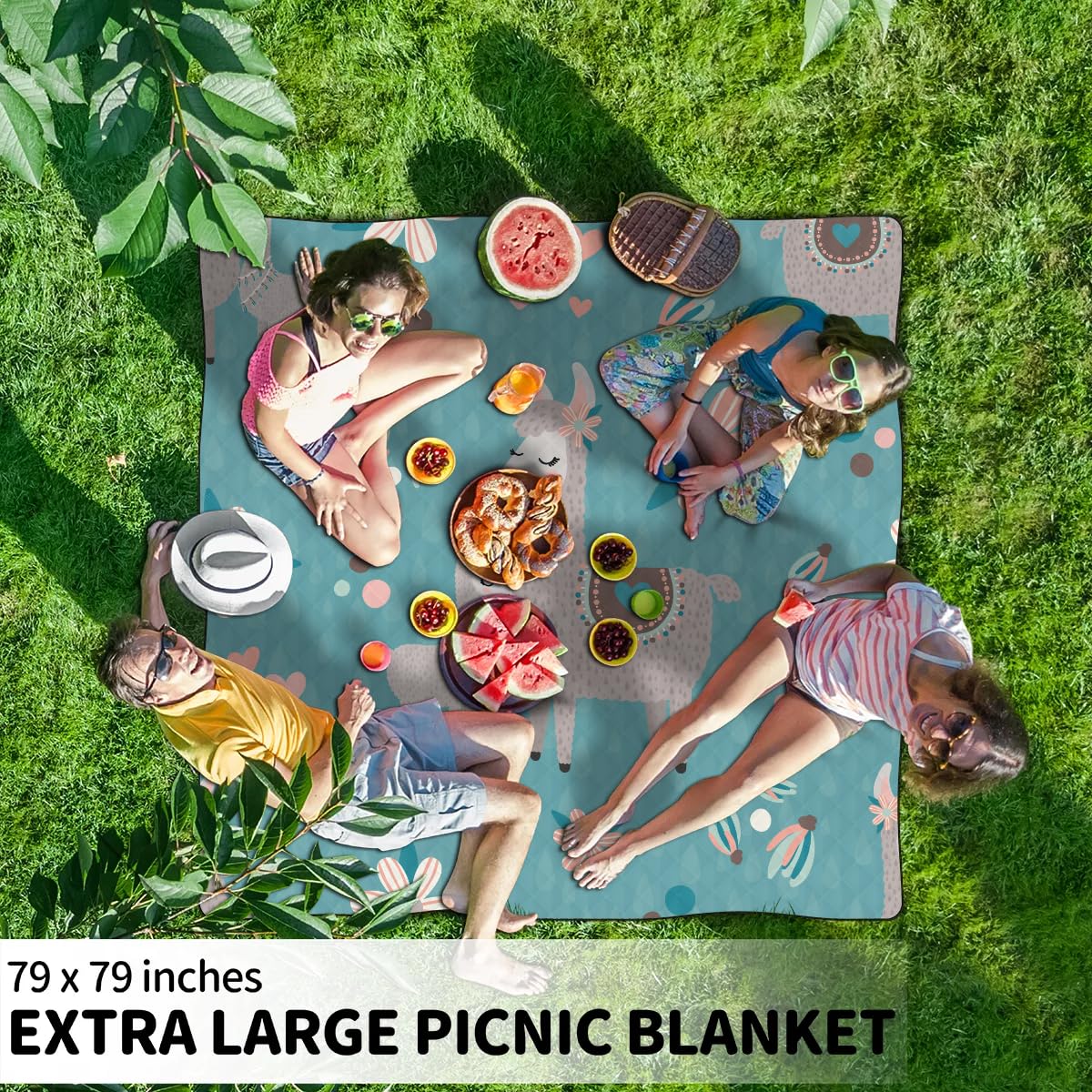 Koc piknikowy ze wzorem alpaki, wodoodporny, odporny na piasek, składany koc plażowy, 200 x 200 cm, bardzo duża, przenośna, nadająca się do prania, mata na zewnątrz, na kemping, do parku, na