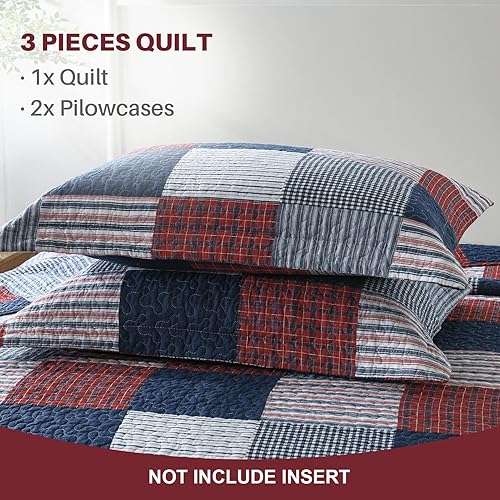 Miniatura 5 de Y-PLWOMEN Juego de edredón tamaño King, edredón 100% algodón King, edredón de retazos azules, rojos y blancos, tamaño King, colcha ligera reversible