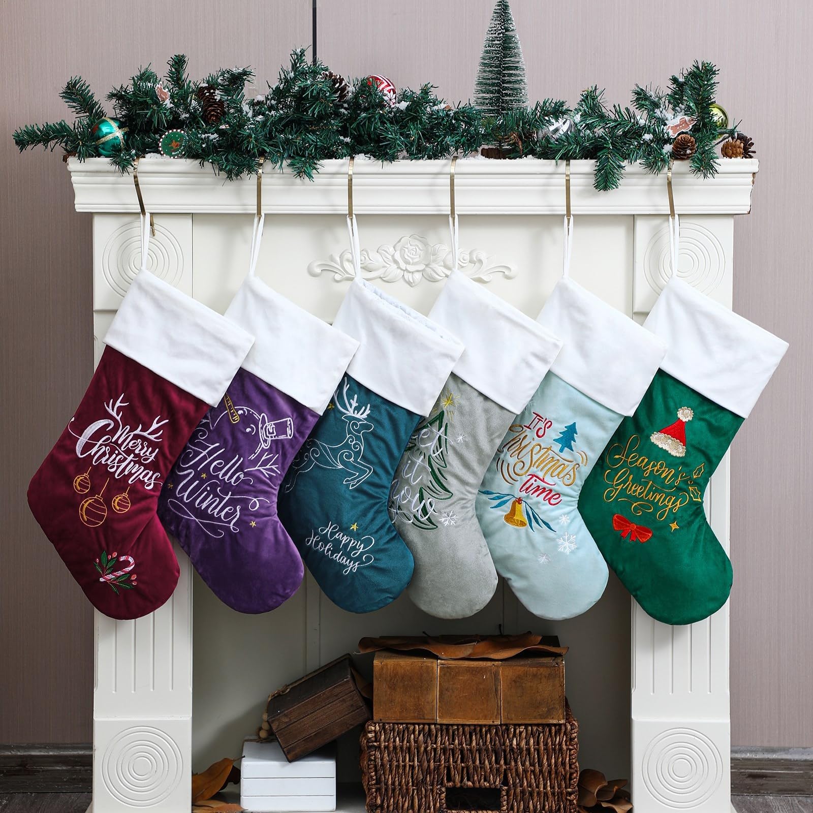 6 pack christmas stockings large family christmas stockings soft velvet xmas stockings embroidery patterns hanging stockings ornaments for christmas holiday party decorations (6 pack)