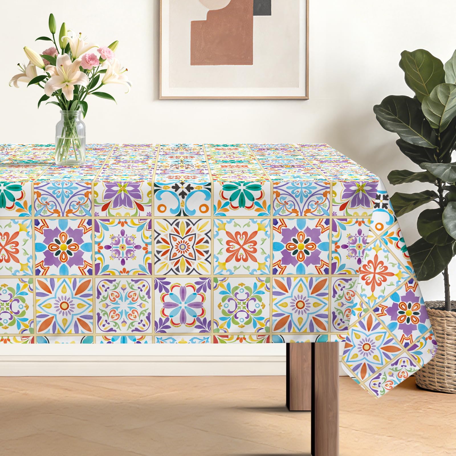 hometrixx Talavera Rectangle Table Cloth Mexican Tile Print Washable Polyester Oil-proof Tablecloth Stain Wrinkle Resistant Table Cover for Party Kitchen Decor Outdoor Picnic, 140 x 180cm