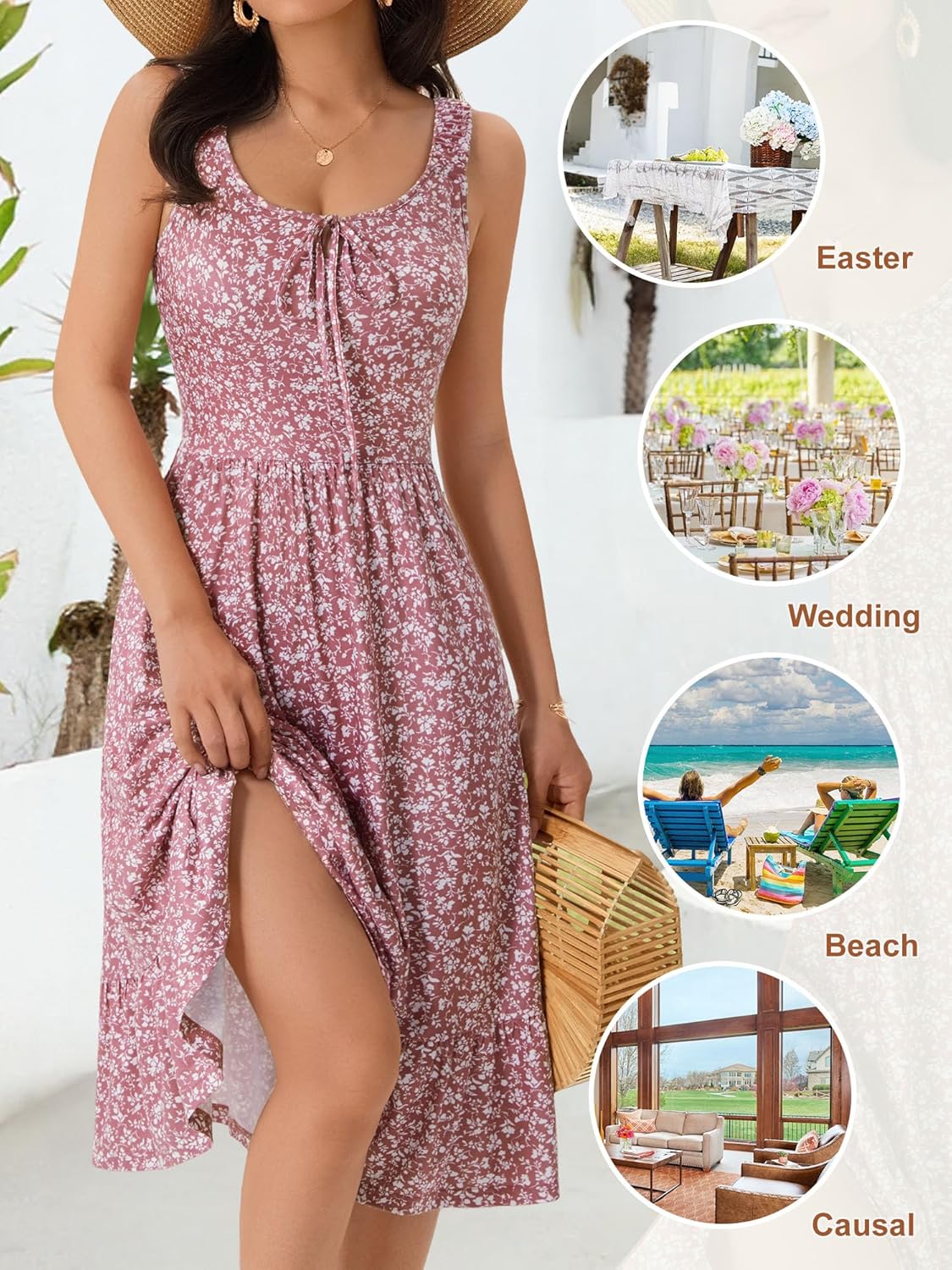 OURIN Womens Summer Midi Dress Elastic Straps Sleeveless Cute Floral Flowy A-line Sundresses with Pockets - Image 6