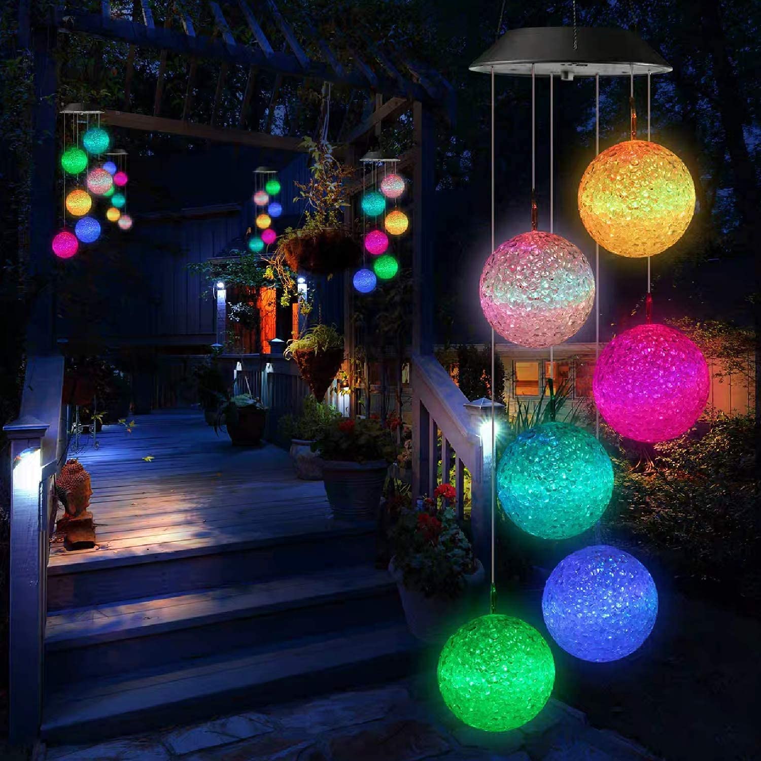Solar Crystal Ball Wind Chime, Color Changing Hanging Solar Power Wind Bell Light, Waterproof LED Romantic Windchime Light Outdoor for Patio Garden Home Party Festival Decoration (White)
