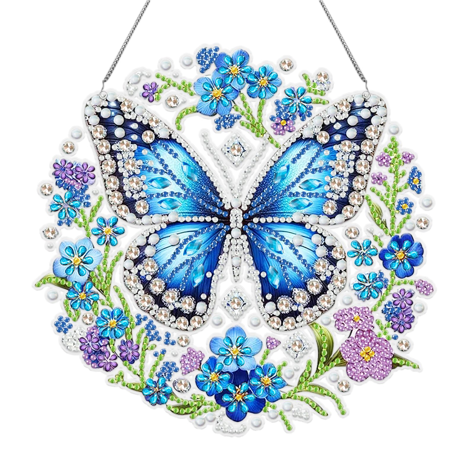 Diamond Painting Hanging, Blue Butterfly Diamond Art Garland, Dimond Art Ornaments with Chain, DIY Gem Crystal Pendants for Window, Wall and Entrance Decor
