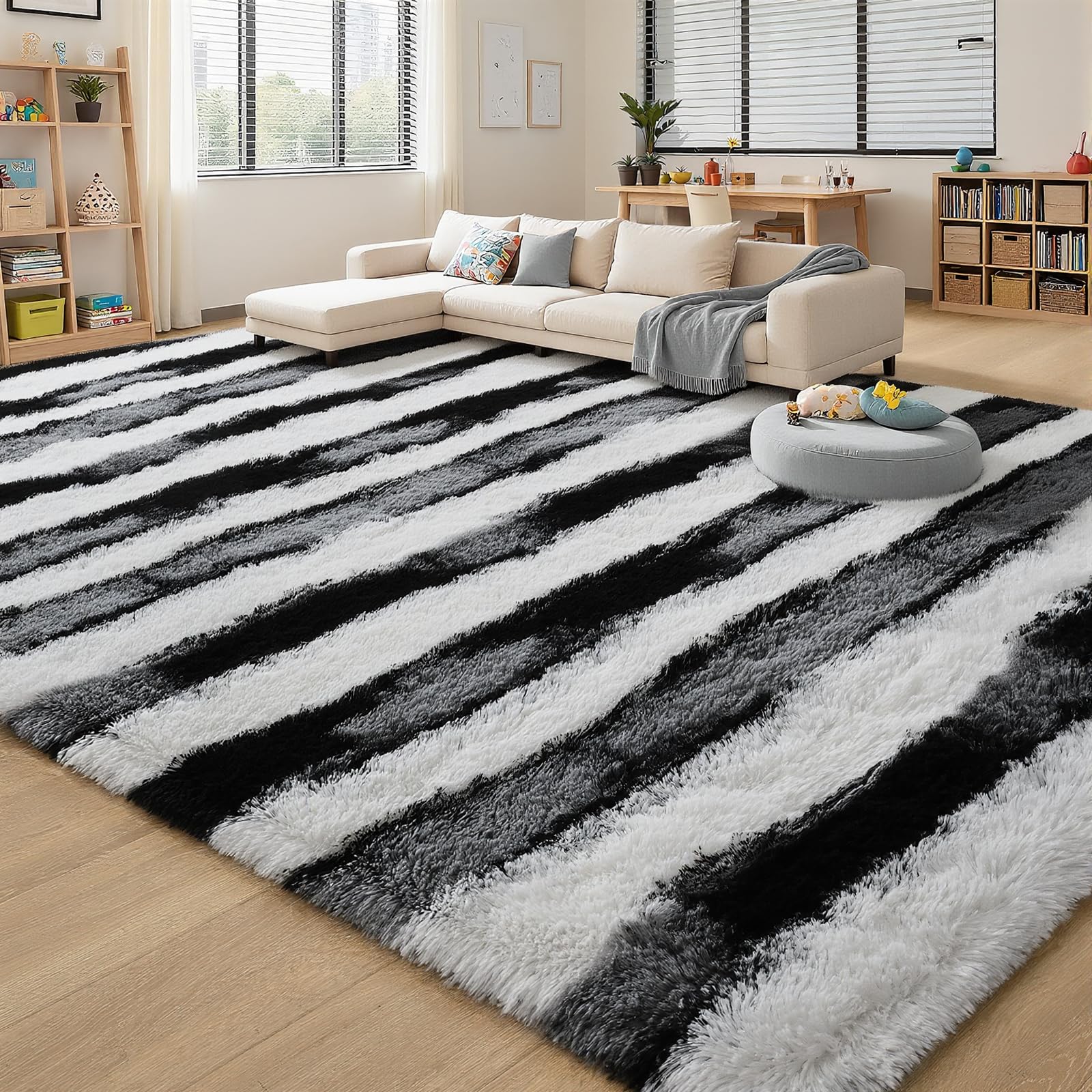 Photo 1 of **SIMILAR ITEM** FALARK Shag Striped Area Rug, Black and White Rugs for Bedroom, 4x6 Feet Fluffy High Pile Carpet for Living Room, Modern Indoor Non Slip Washable Furry Throw Carpets for Home Decor