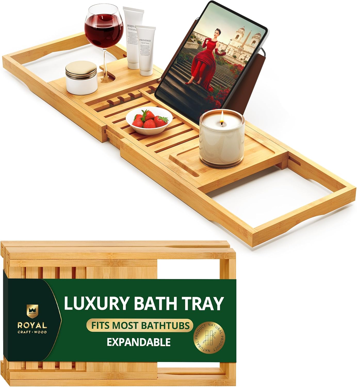 Royal Craft Wood Expandable Bamboo Bathtub Tray Caddy - Foldable Slip-Resistant Bath Shelf for Books, Wine, Phones - Ideal Spa Gift for Mom