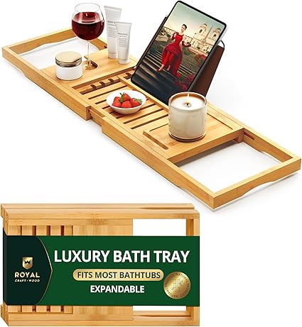 ROYAL CRAFT WOOD Premium Foldable Bathtub Tray Caddy - Wood Bath Tray for Tub, Bamboo Shelf, Expandable Bath Table Trays, Bathtub & Bathroom Accessories for New Home & Mothers, Birthday Gifts for Mom