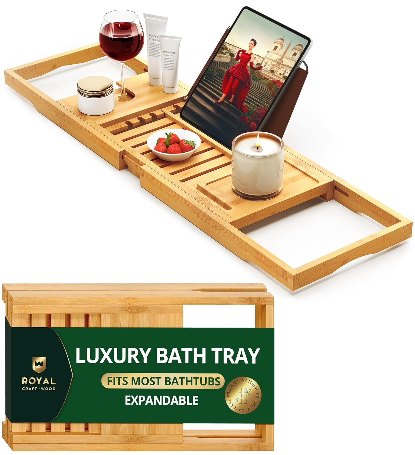 ROYAL CRAFT WOOD Premium Foldable Bathtub Tray Caddy - Wood Bath Tray for Tub Bamboo Shelf Expandable Bath