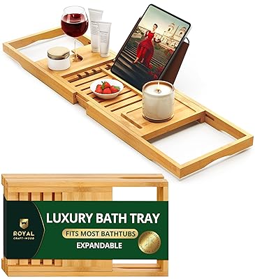 ROYAL CRAFT WOOD Premium Foldable Bathtub Tray Caddy - Wood Bath Tray for Tub, Bamboo Shelf, Expandable Bath Table Trays, Bathtub & Bathroom Accessories for New Home & Mothers, Birthday Gifts for Mom