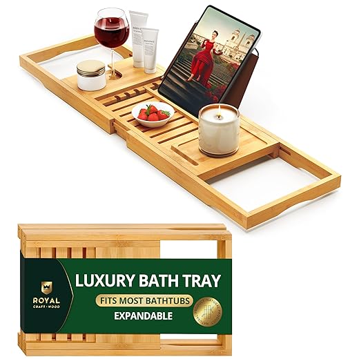 ROYAL CRAFT WOOD Premium Foldable Bathtub Tray Caddy - Wood Bath Tray for Tub, Bamboo Shelf, Expandable Bath Table Trays, Bathtub & Bathroom Accessories for New Home & Mothers, Birthday Gifts for Mom