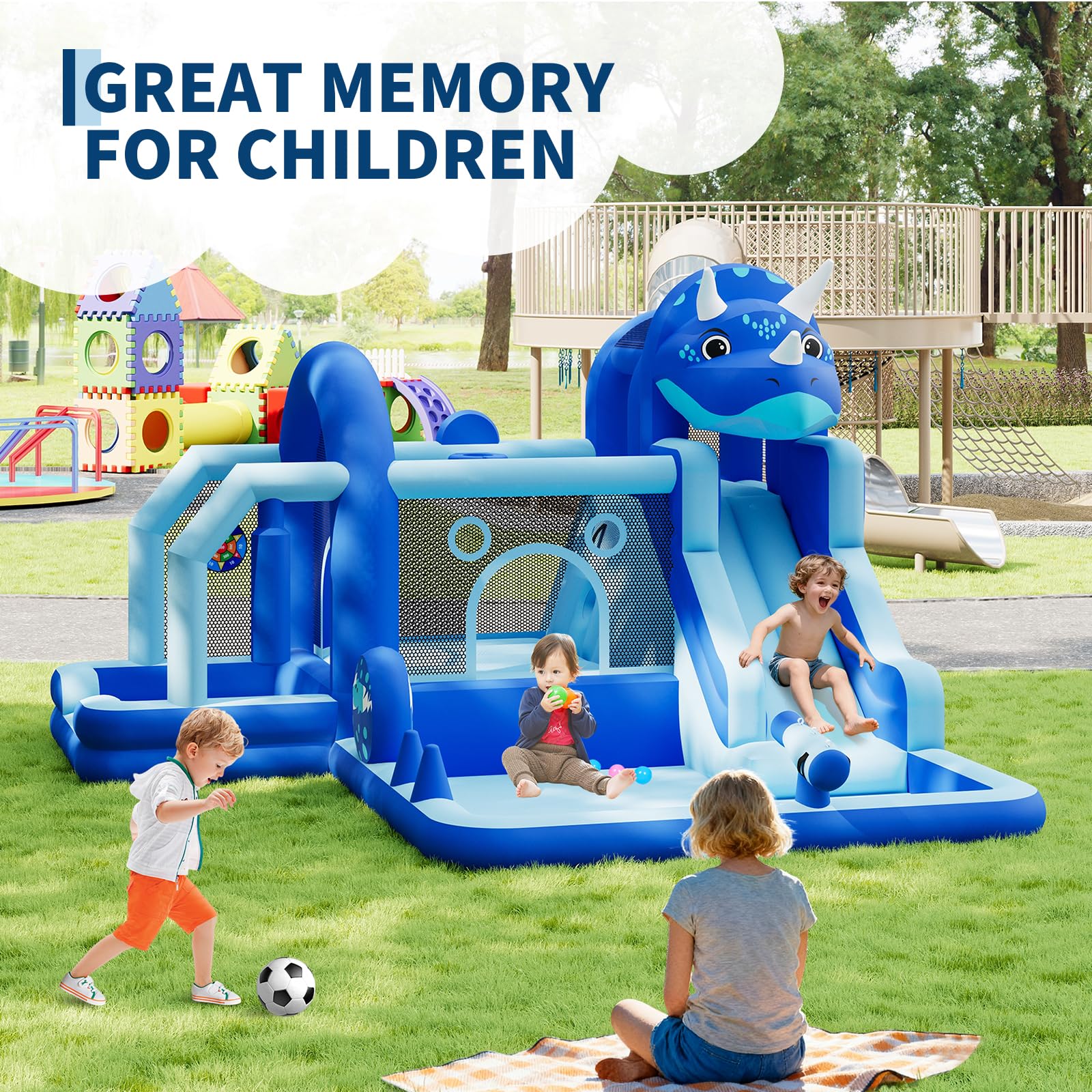 Château Gonflable Structure Dinosaure en Tissu Oxford, Jeux Gonflable Enfant Exterieur, avec Souffleur, Trampoline, Toboggan, Mur d'escalade, Aire De Jeux, pour 3-10 Ans, Capacité 113 kg, Bleu