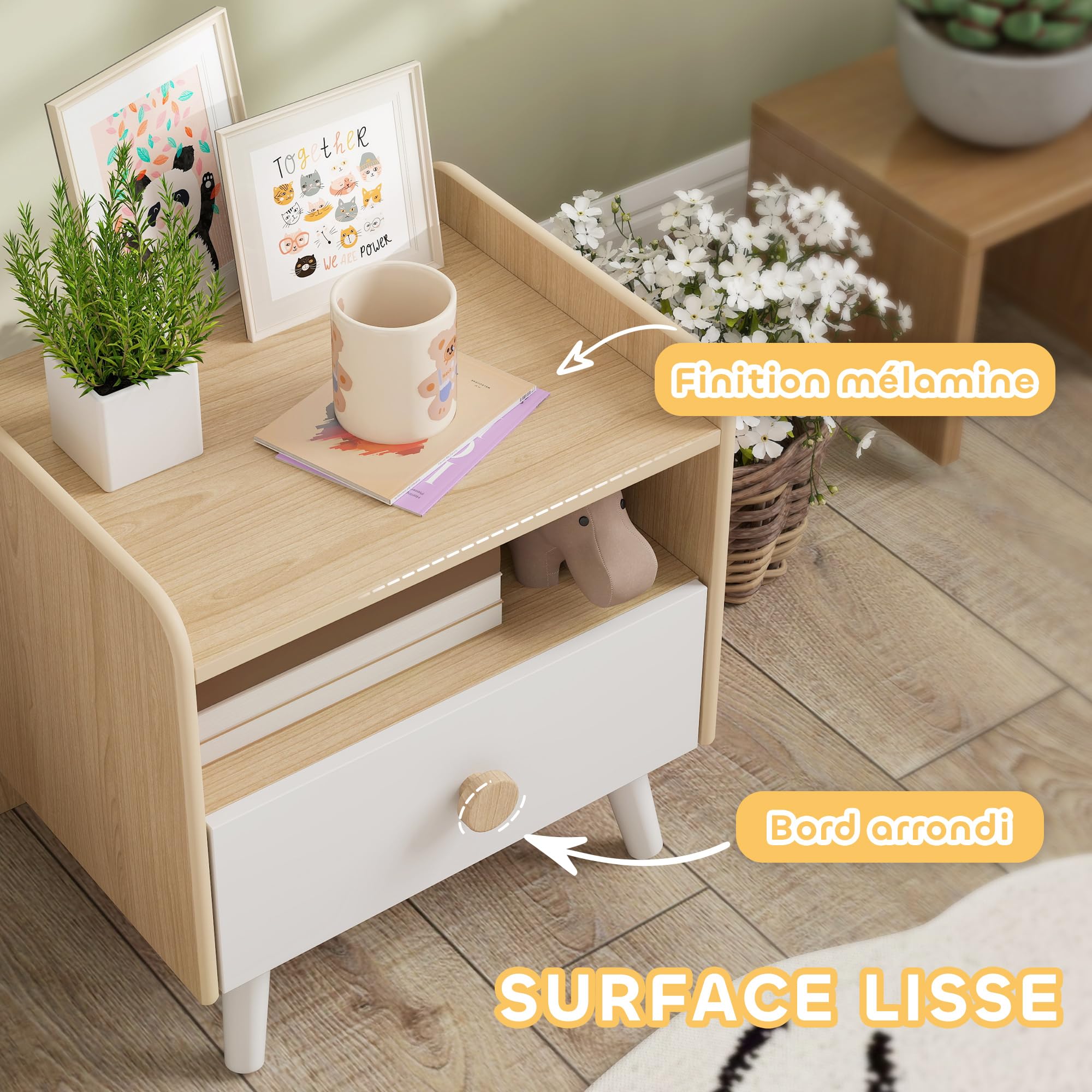 AIYAPLAY Table de Chevet Enfant Table de Nuit Enfant avec tiroir et Niche, Petite Table d'appoint en Bois pour Chambre d'enfant, 40L x 32,5l x 40H cm, Blanc