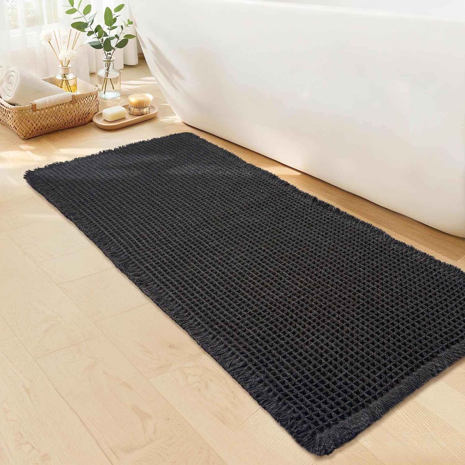 GRLYUH Black Long Bathroom Rug - Waffle Runner Bath Mat Non Slip Washable, Super Absorbent & Quick Dry, Boho Bath Mat Farmhouse Bathroom Decor, 24'' x