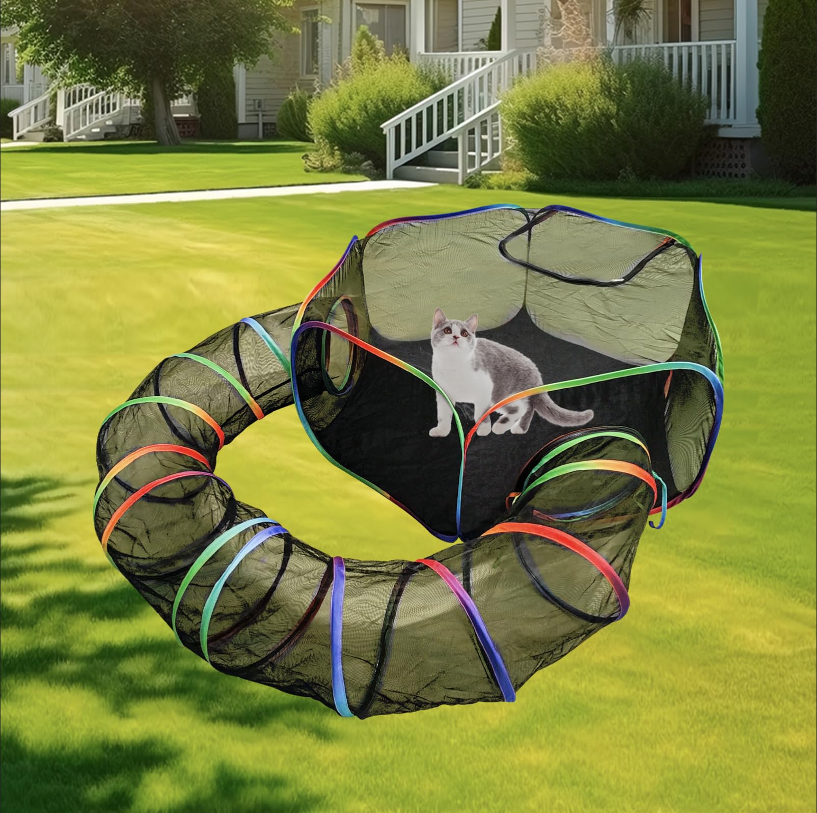 Homegroove Catio - Recinto para gatos al aire libre, túnel circular portátil para gatos y animales pequeños, corralito interior para gatos con bolsa de transporte (color arcoíris)