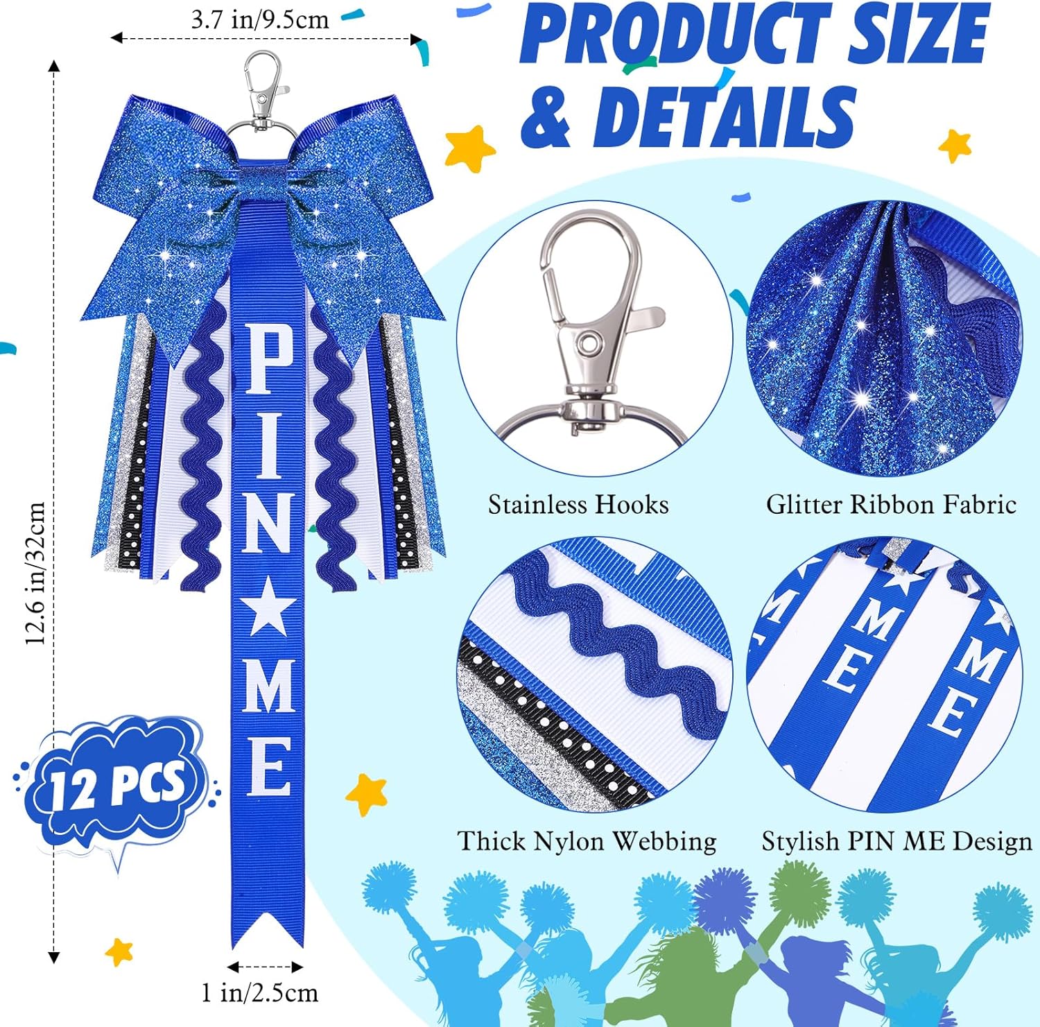 Tondiamo 12 Pcs Cheer Pin Me Ribbon Glitter Cheerleader Bow Keychain Gifts for Backpack Bag Teens Girls Graduation - Image 2