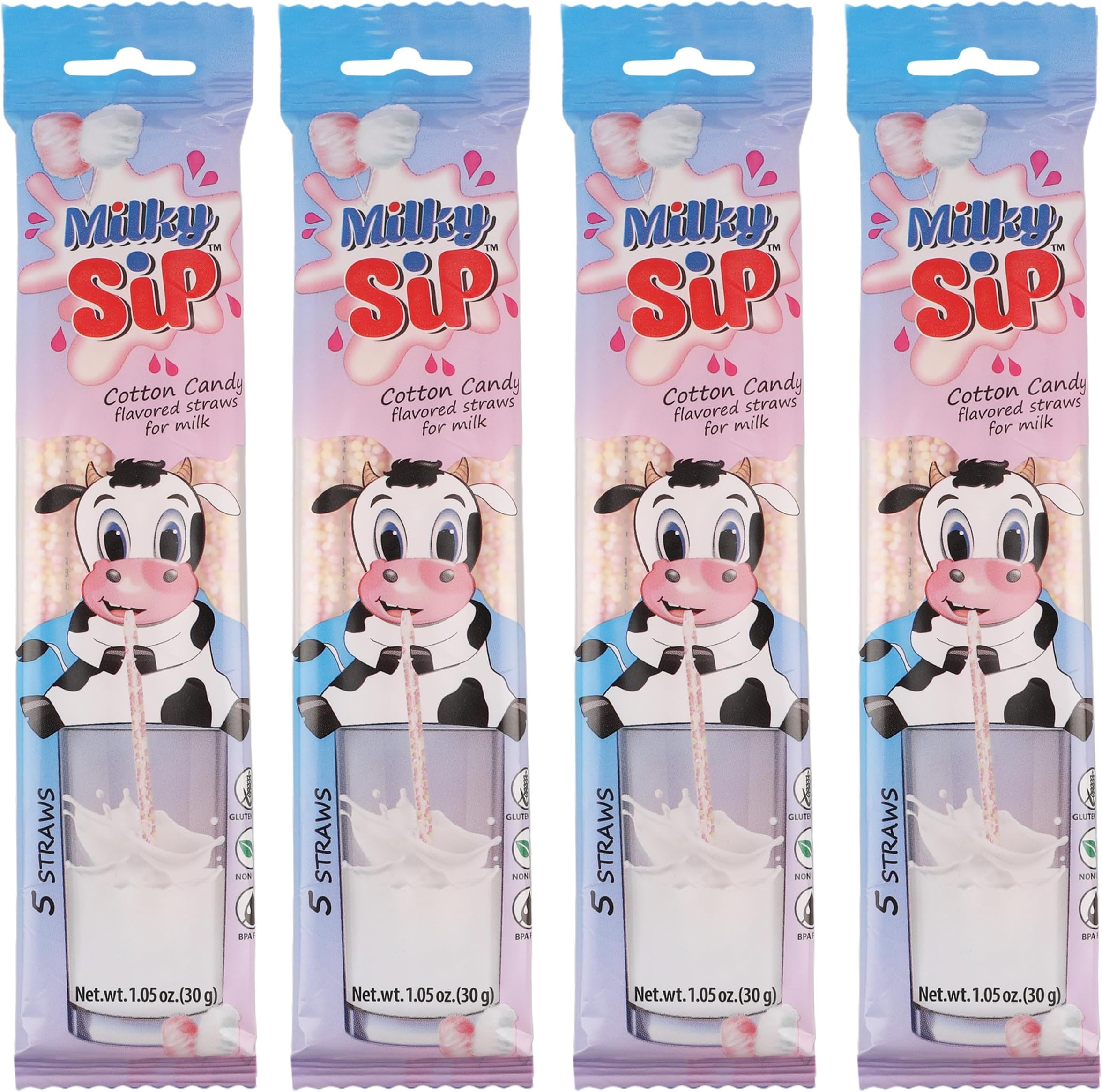 20 Milky Sip Cotton Candy Flavored Straws For Milk - 4 Packs of Milk Flavoring Straws, 5 Straws in Each. Magical Cotton Candy Flavor Makes Children Eager, Want and Love to Drink Milk