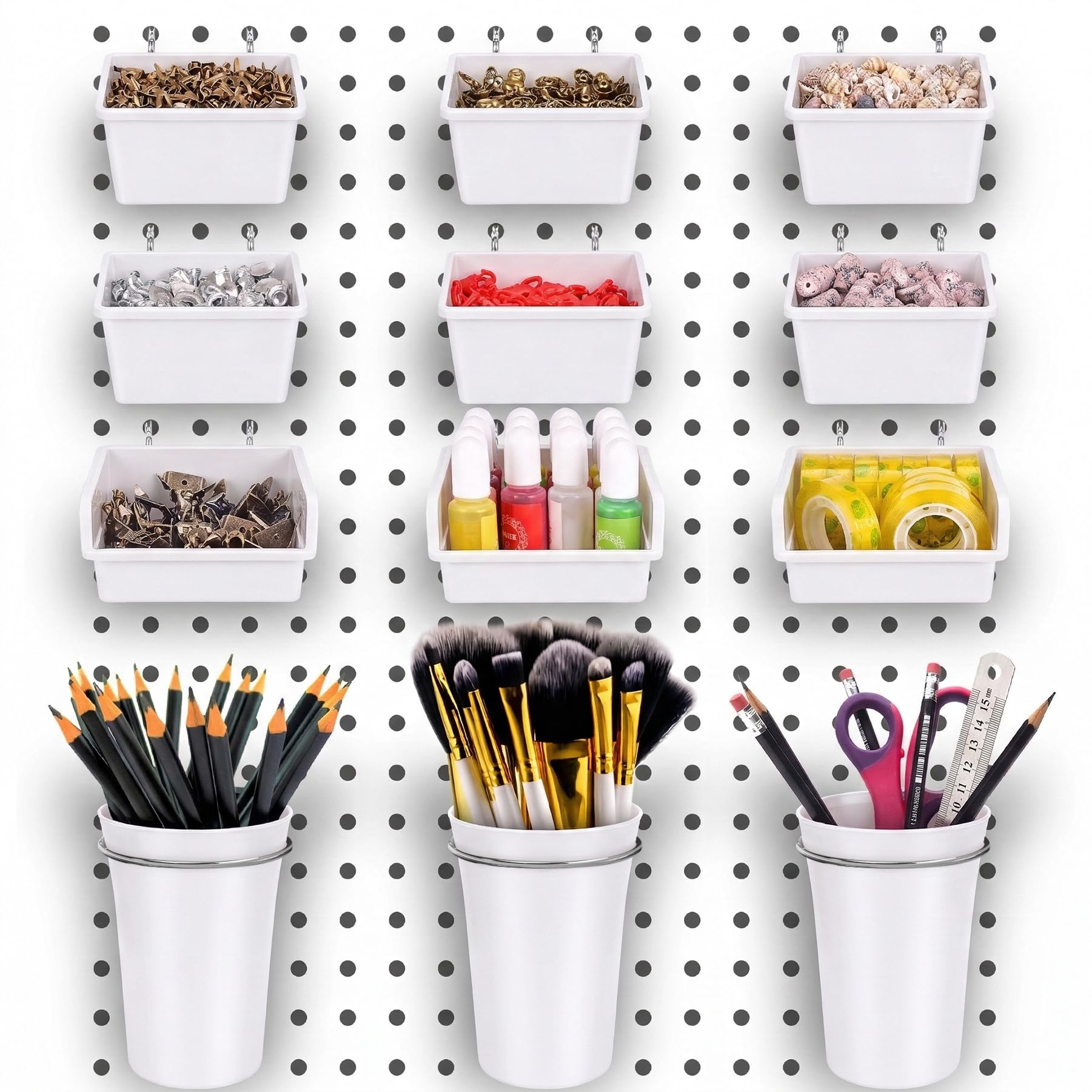Pegboard Bins Cups with Hooks &amp; Loops 12 Pack Peg Board Organizer (White)