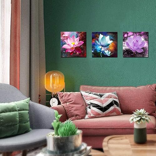 Miniatura 2 de Biuteawal 3 paneles de flores arte de pared de loto floreciente imagen elegante rosa azul púrpura pintura floral lienzo enmarcado moderno hogar