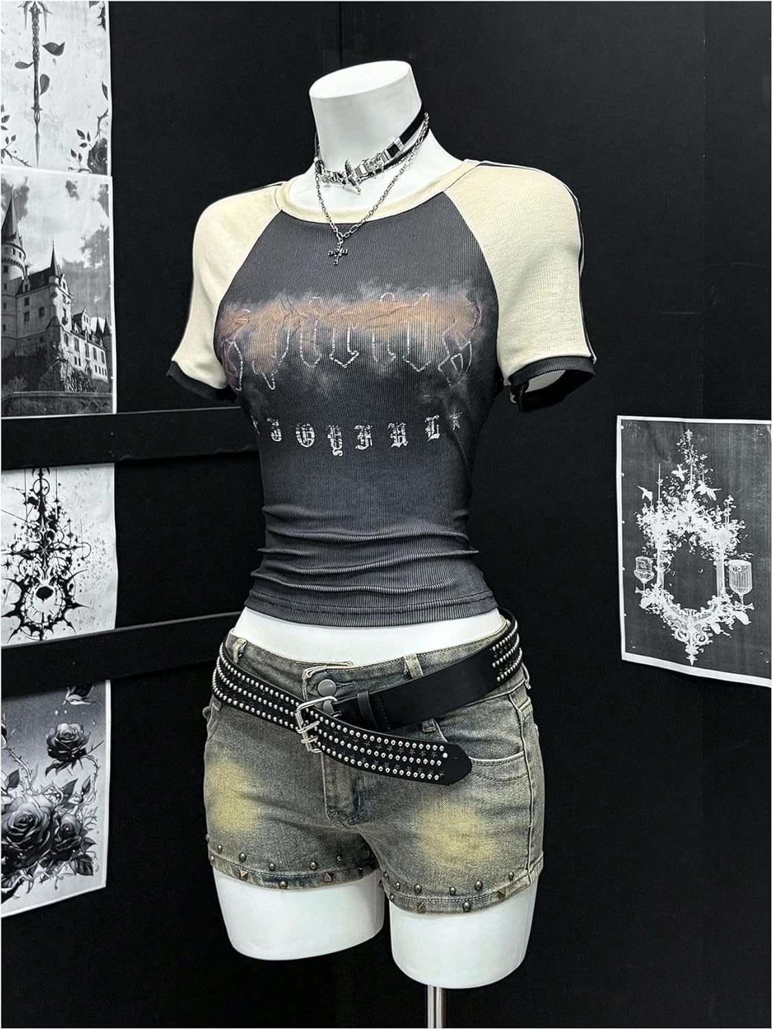 Verdusa Women's Goth Graphic Shirt Short Sleeve Tight Crop Tops Color Block Tees Y2K Crewneck T Shirt - Image 5