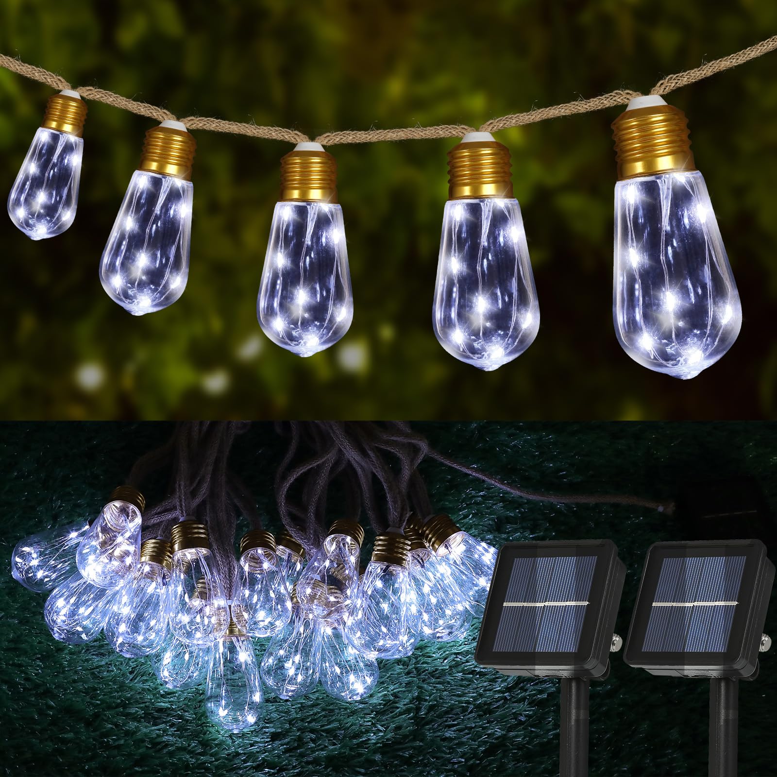 Solar Outdoor String Lights 2 Pack 24FT Vintage Rope Hemp Solar Lights with 20 Shatterproof Bulbs,8 Modes Solar Powered String Lights with Memory Function, Waterproof for Fence,Balcony,Garden(White)