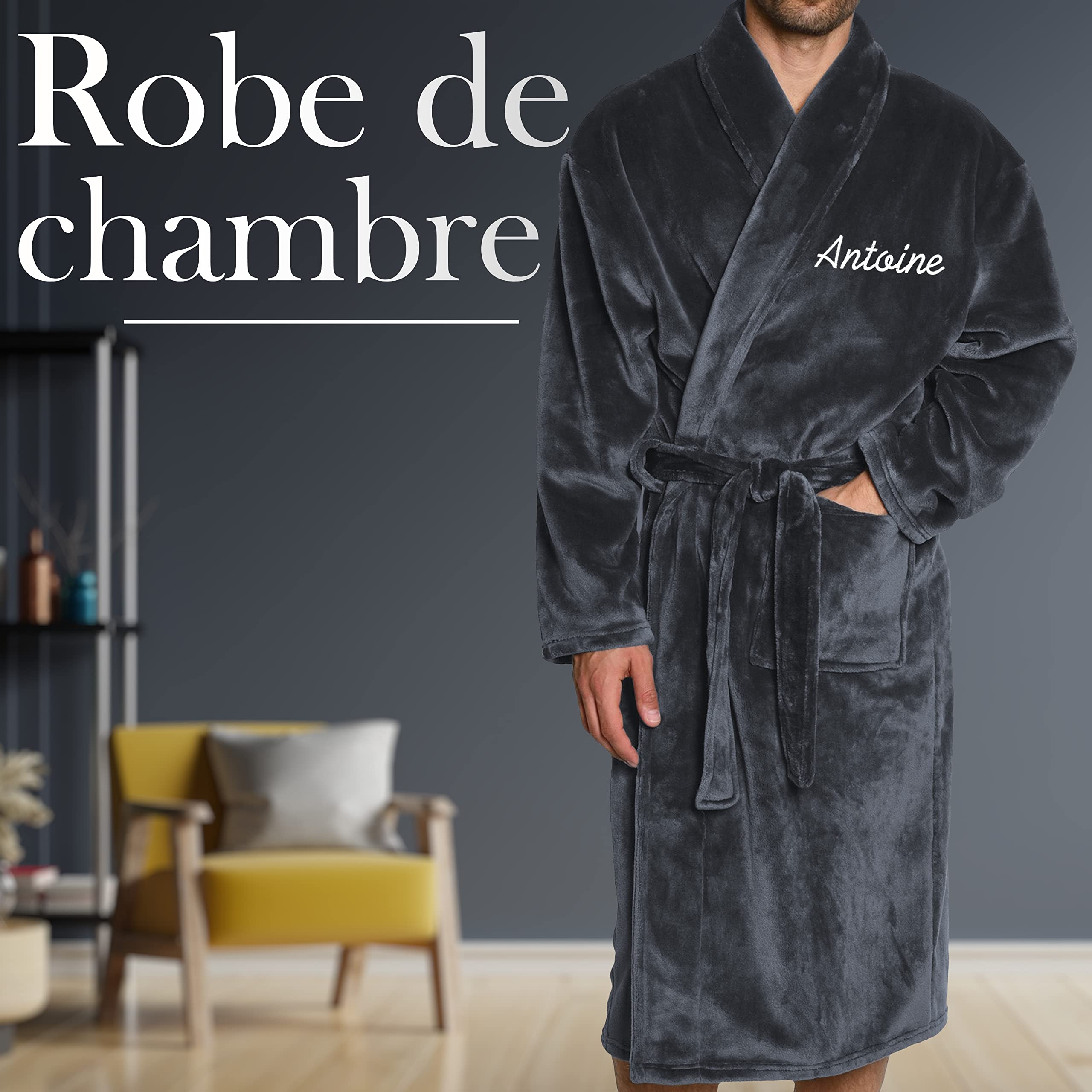KDO MAGIC Robe de chambre personnalisée pour homme - Peignoir de chambre personnalisable - Prénom brodé - Personnalisé en France - Cadeau de Noël, Fête des pères, Anniversaire, Papa