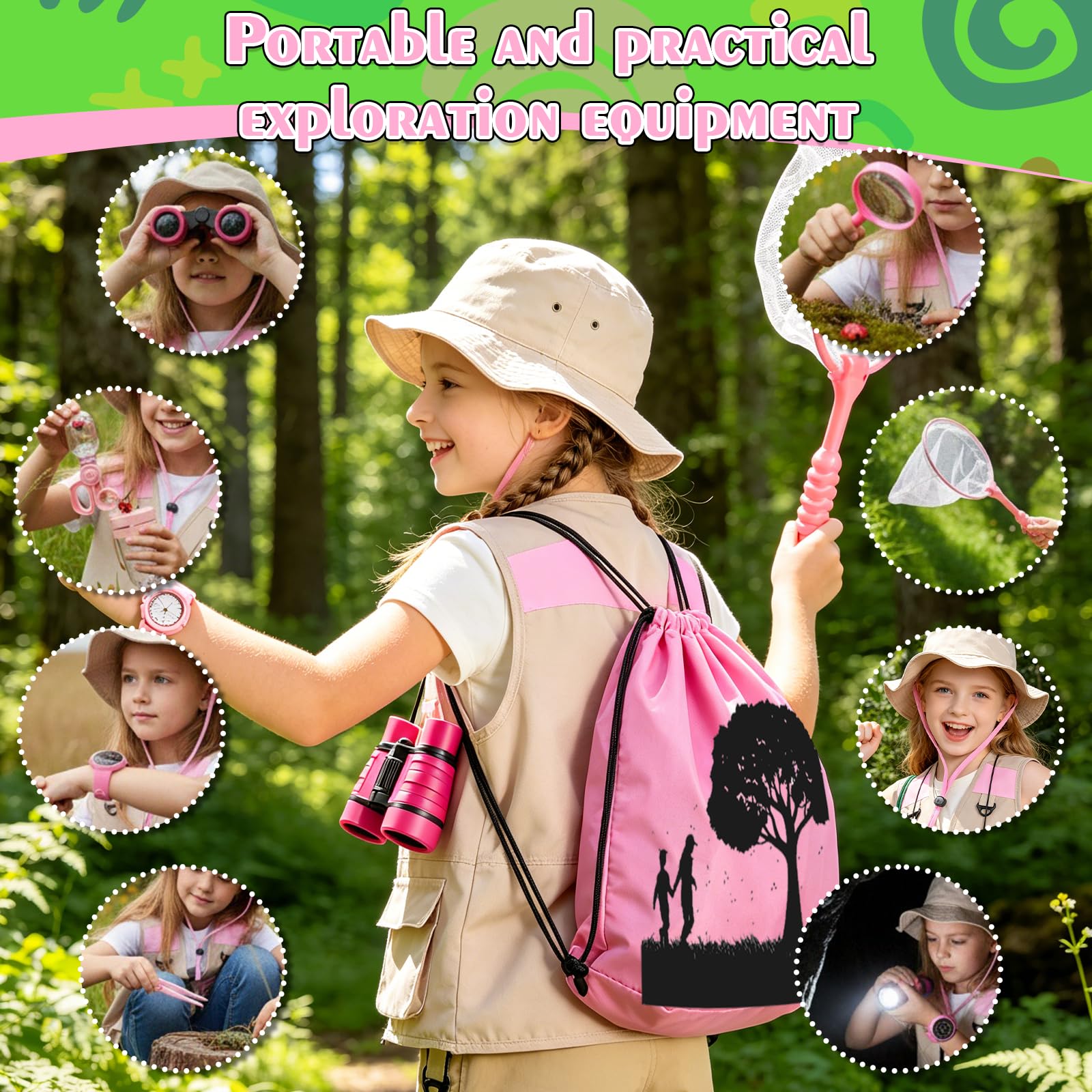 Xerteam Set de investigador para niños, 11 unidades, disfraz de safari con sombrero de explorador, chaleco, binoculares, red de mariposas, equipo de camping para niños de 3 a 10 años, juguete de