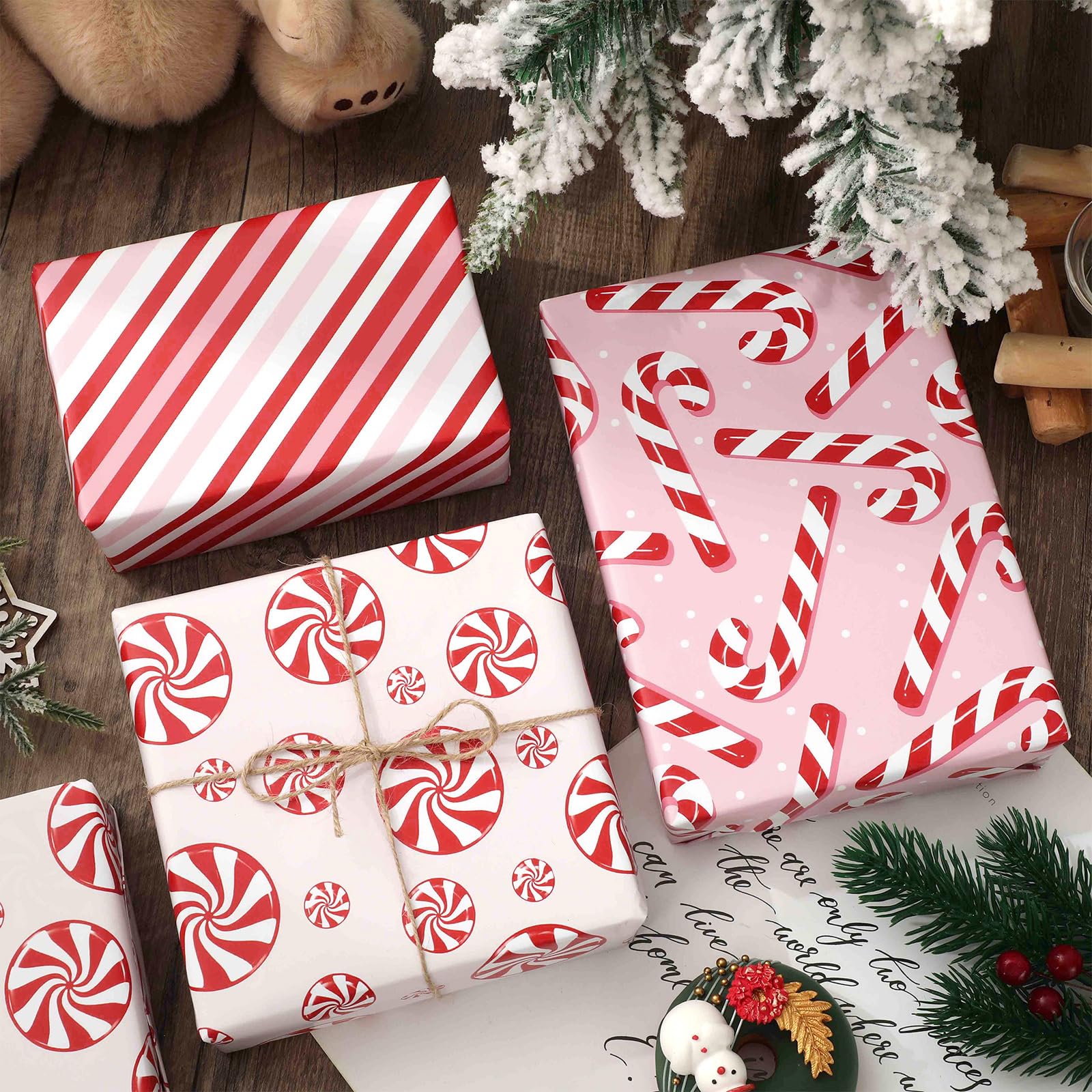 JarThenaAMCS Weihnachts-Geschenkpapier – Mini-Rolle – 43,2 cm x 5,2 m Zuckerstangen-Geschenkpapier, rot, rosa, dekoratives Kunstpapier für Weihnachten, Basteln, 3 Rollen